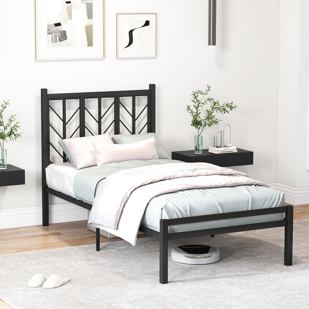Twin Size Platform Bed with Headboard and Metal Frame-Twin Size-Simple Bed Frame-DECOROLALA