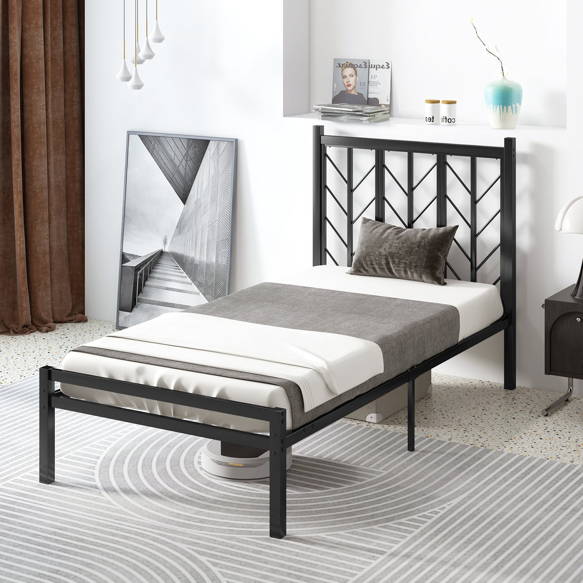 Twin Size Platform Bed with Headboard and Metal Frame-Twin Size-Simple Bed Frame-DECOROLALA