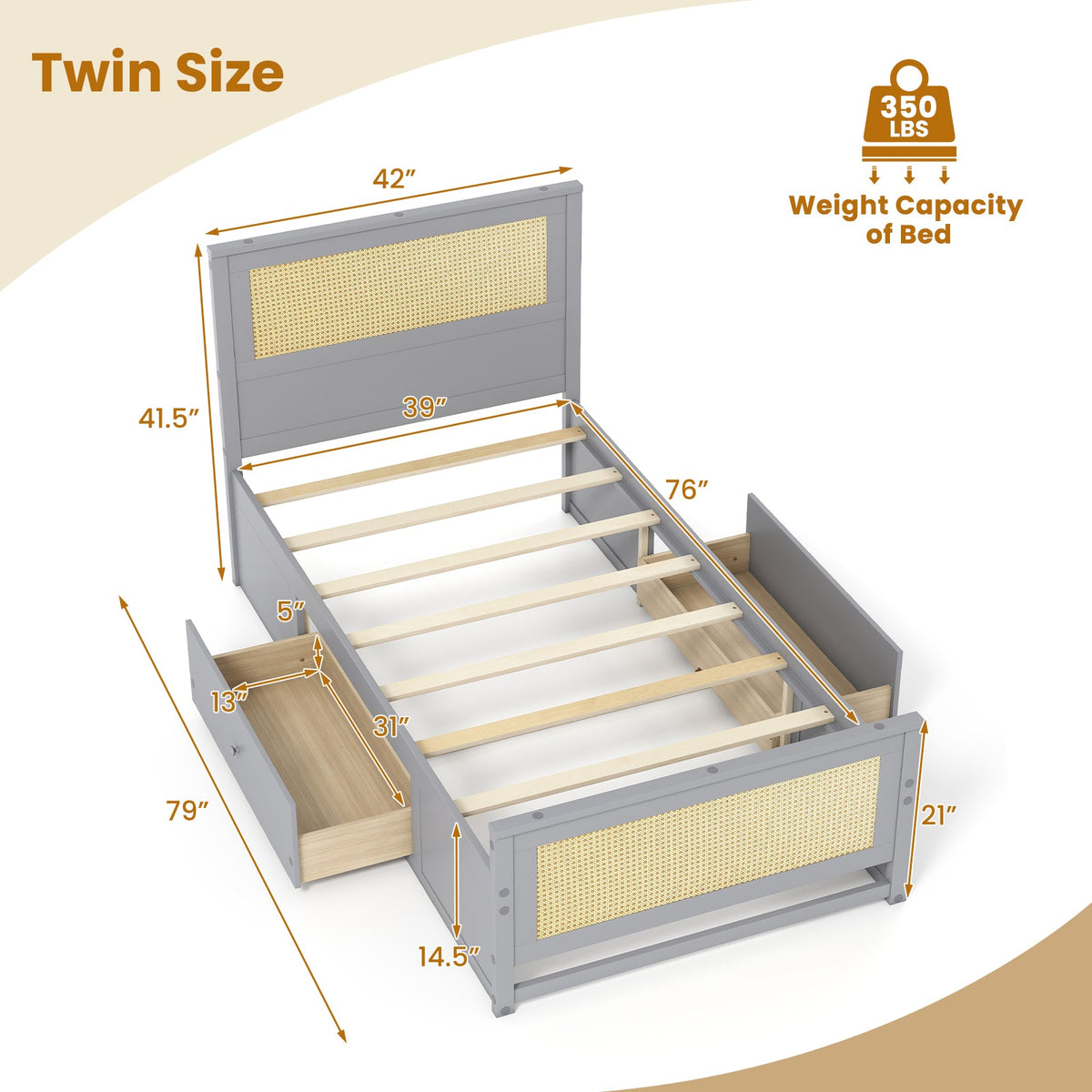Twin Size Rattan Bed Frame with Storage Drawers-Trundle Bed Frame-DECOROLALA