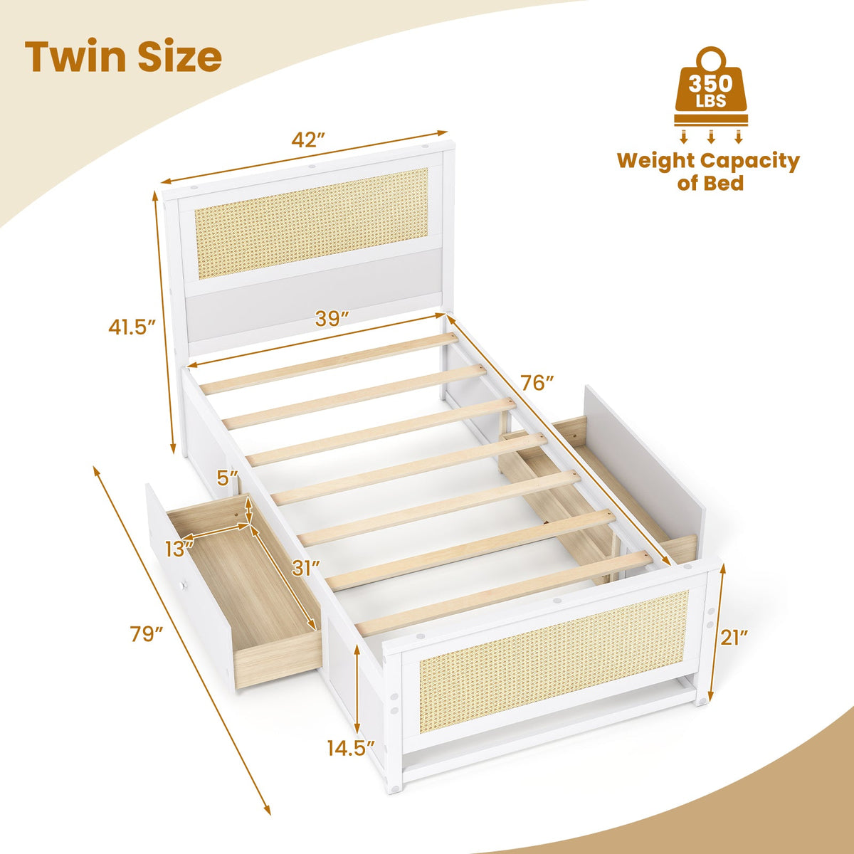 Twin Size Rattan Bed Frame with Storage Drawers-Trundle Bed Frame-DECOROLALA