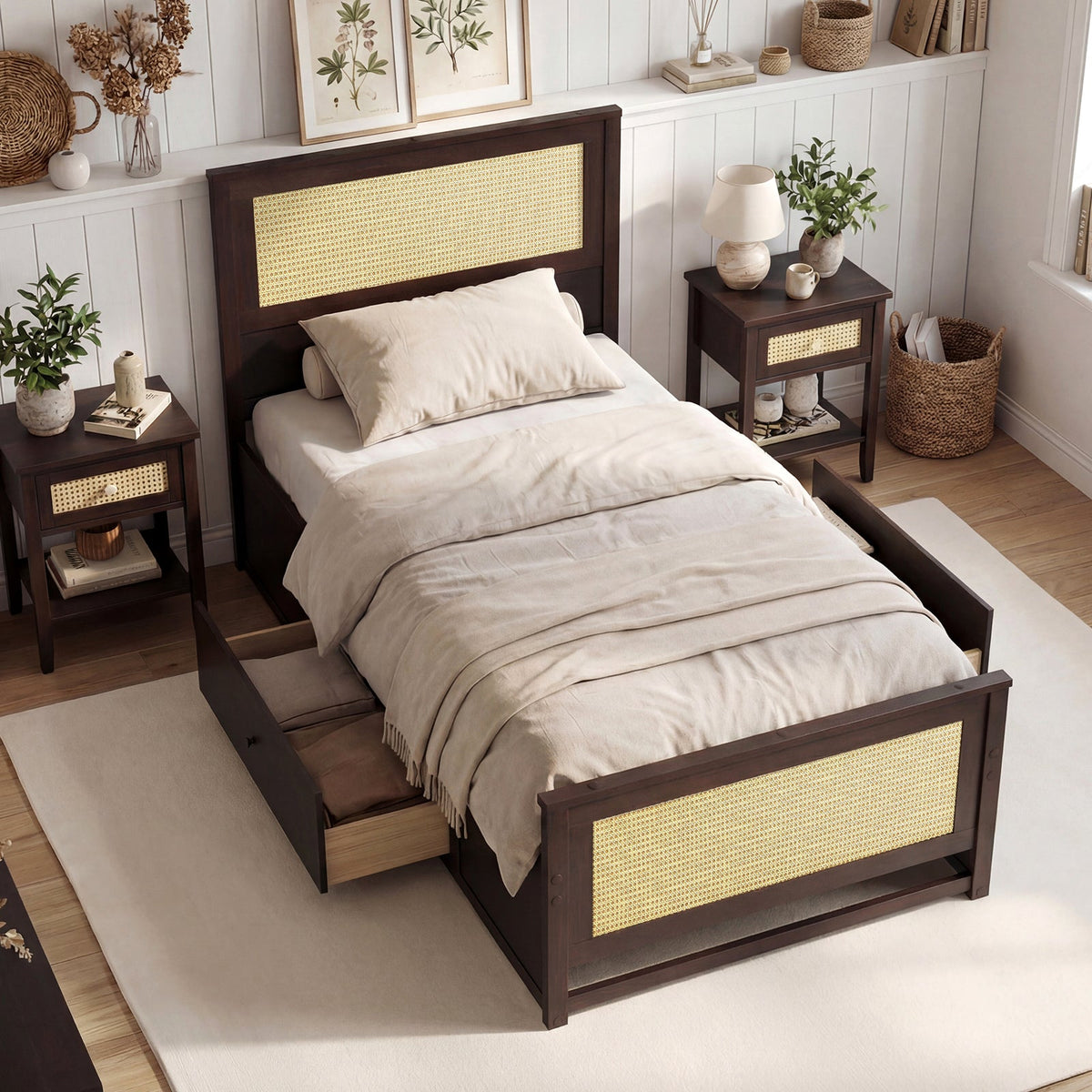 Twin Size Rattan Bed Frame with Storage Drawers-Trundle Bed Frame-DECOROLALA