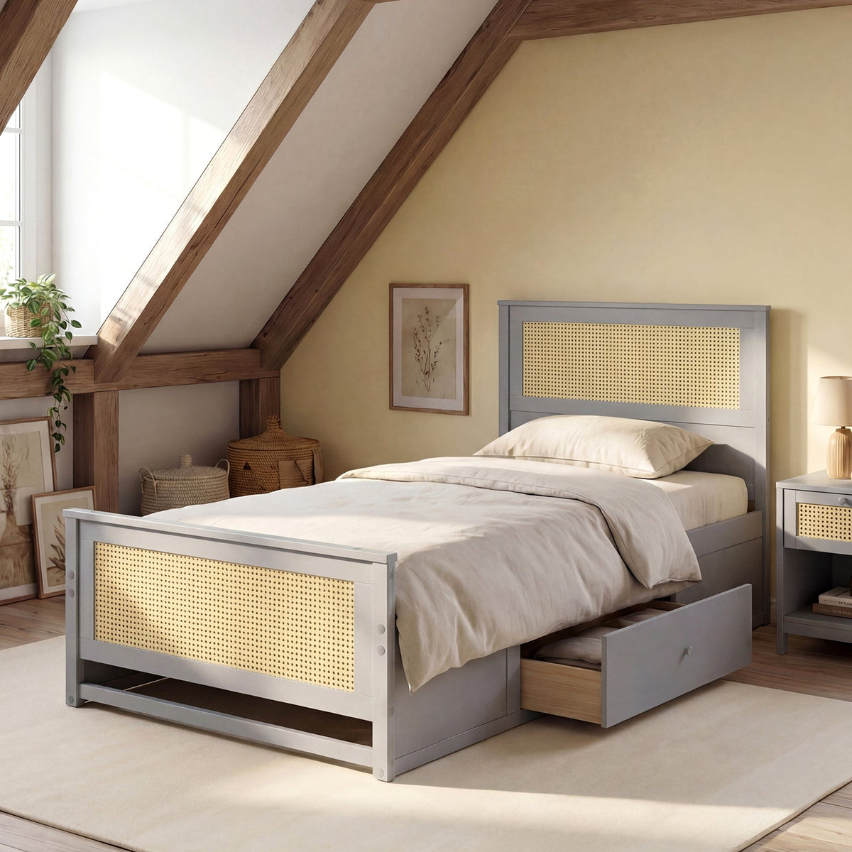 Twin Size Rattan Bed Frame with Storage Drawers-Trundle Bed Frame-DECOROLALA