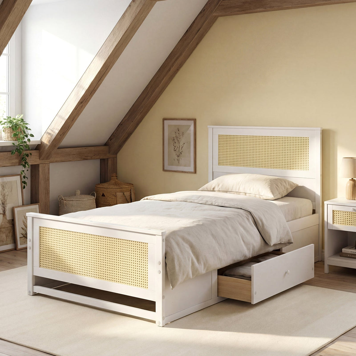 Twin Size Rattan Bed Frame with Storage Drawers-Trundle Bed Frame-DECOROLALA