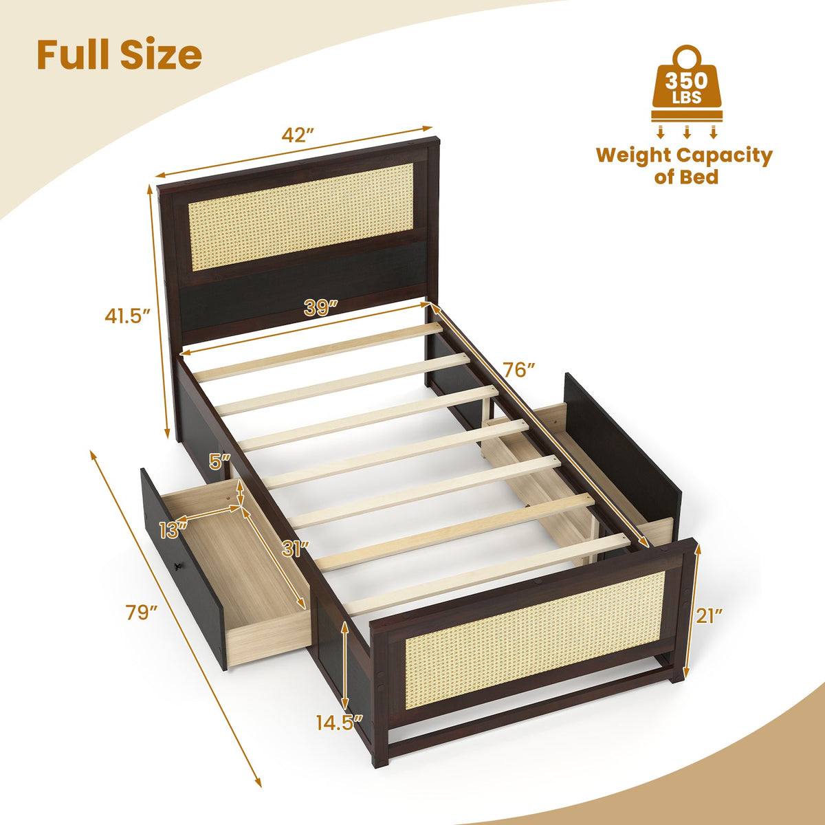 Twin Size Rattan Bed Frame with Storage Drawers-Trundle Bed Frame-DECOROLALA