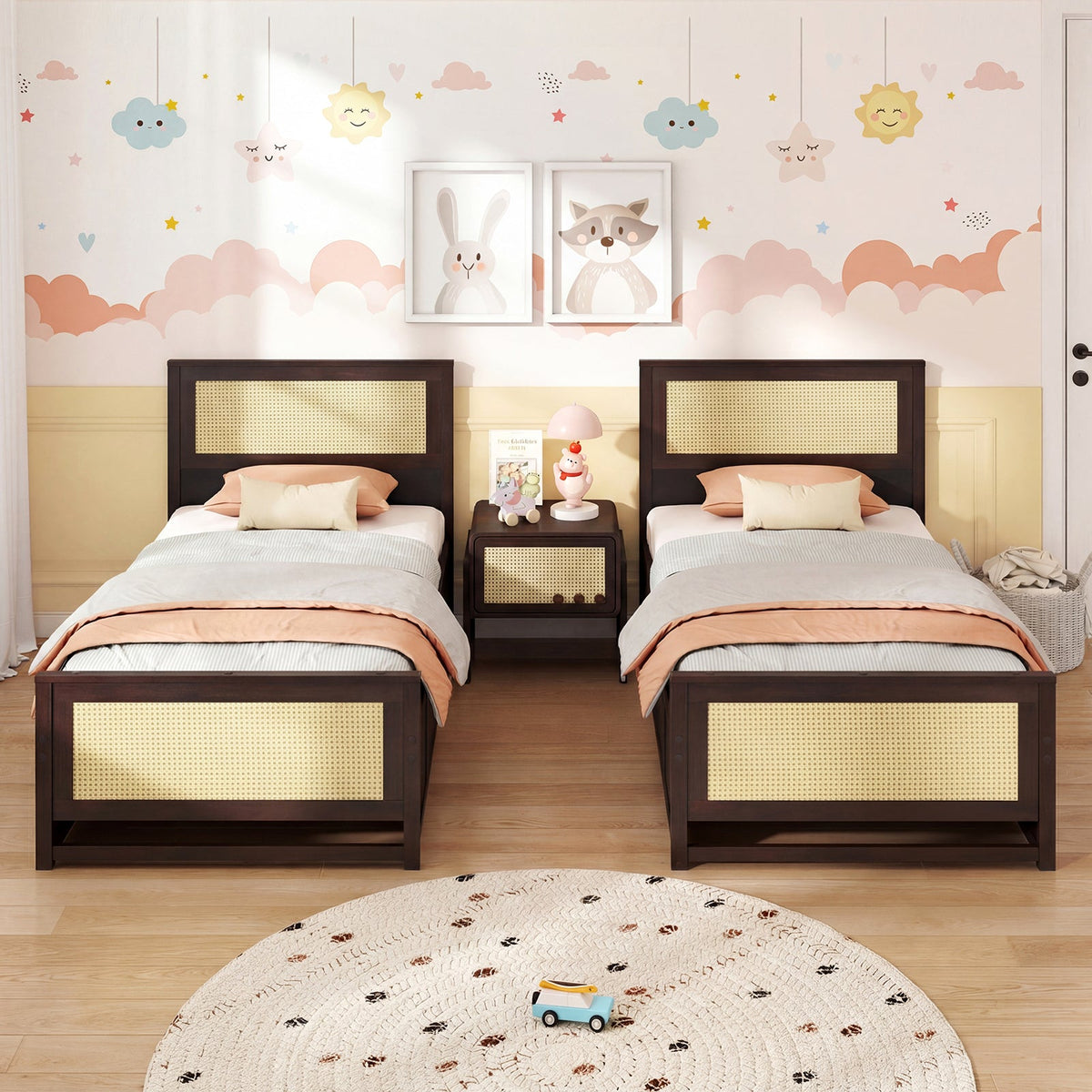 Twin Size Rattan Bed Frame with Storage Drawers-Trundle Bed Frame-DECOROLALA
