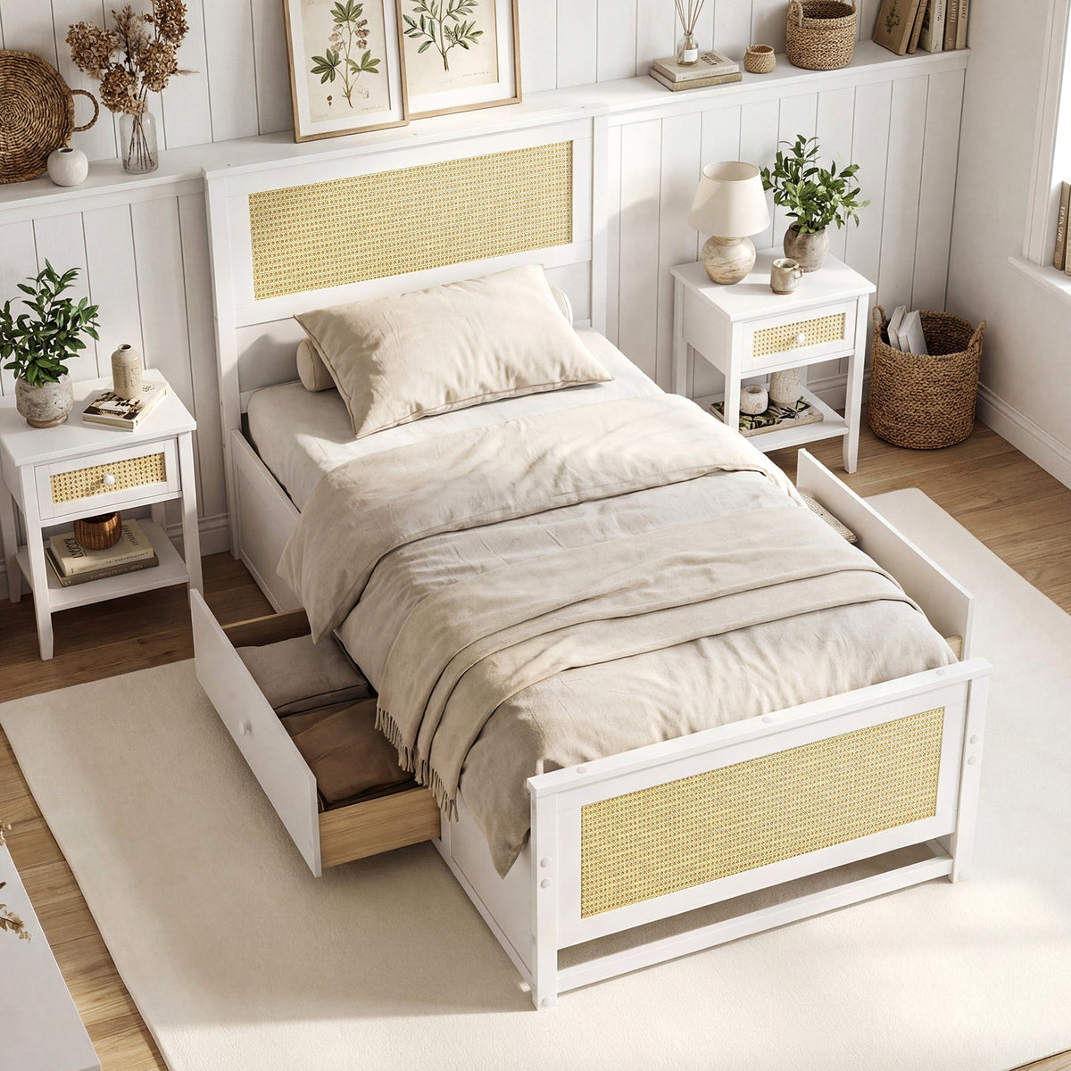 Twin Size Rattan Bed Frame with Storage Drawers-Trundle Bed Frame-DECOROLALA