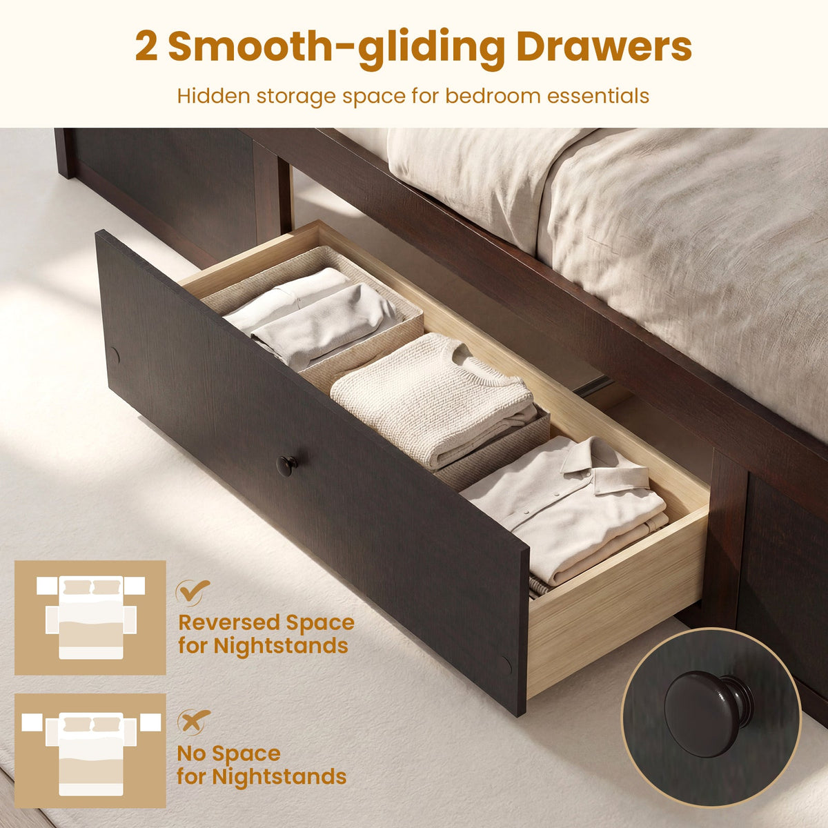 Twin Size Rattan Bed Frame with Storage Drawers-Trundle Bed Frame-DECOROLALA