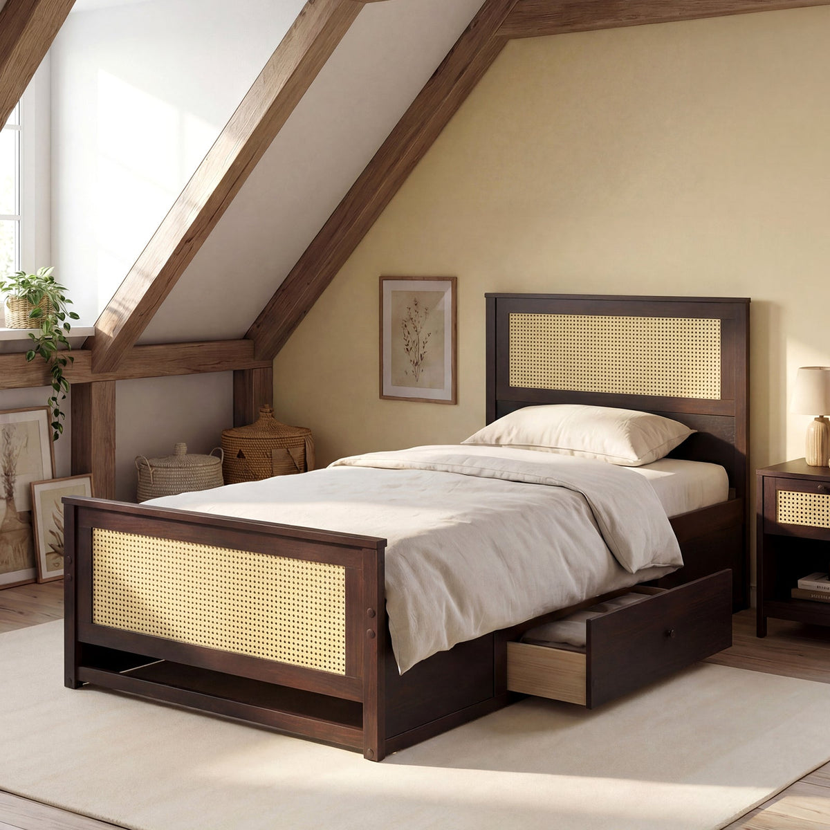Twin Size Rattan Bed Frame with Storage Drawers-Trundle Bed Frame-DECOROLALA