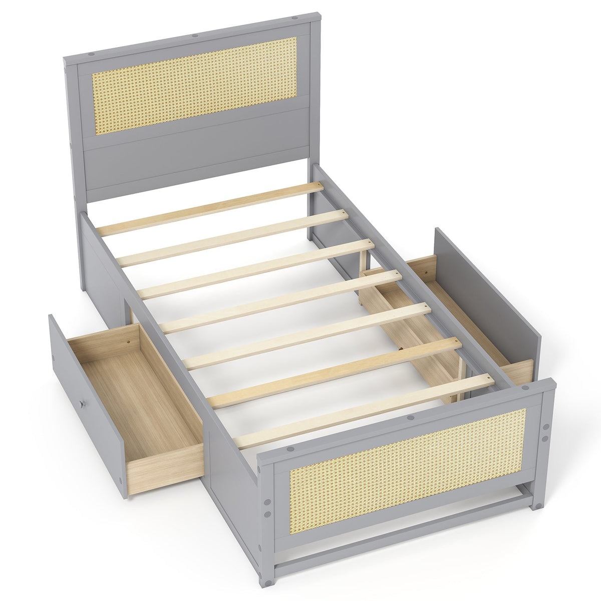 Twin Size Rattan Bed Frame with Storage Drawers-Trundle Bed Frame-DECOROLALA