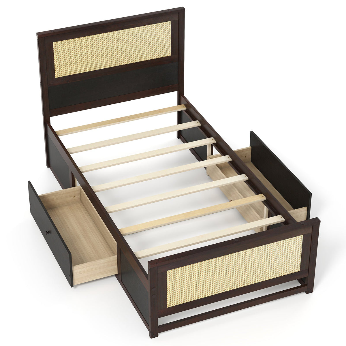 Twin Size Rattan Bed Frame with Storage Drawers-Trundle Bed Frame-DECOROLALA