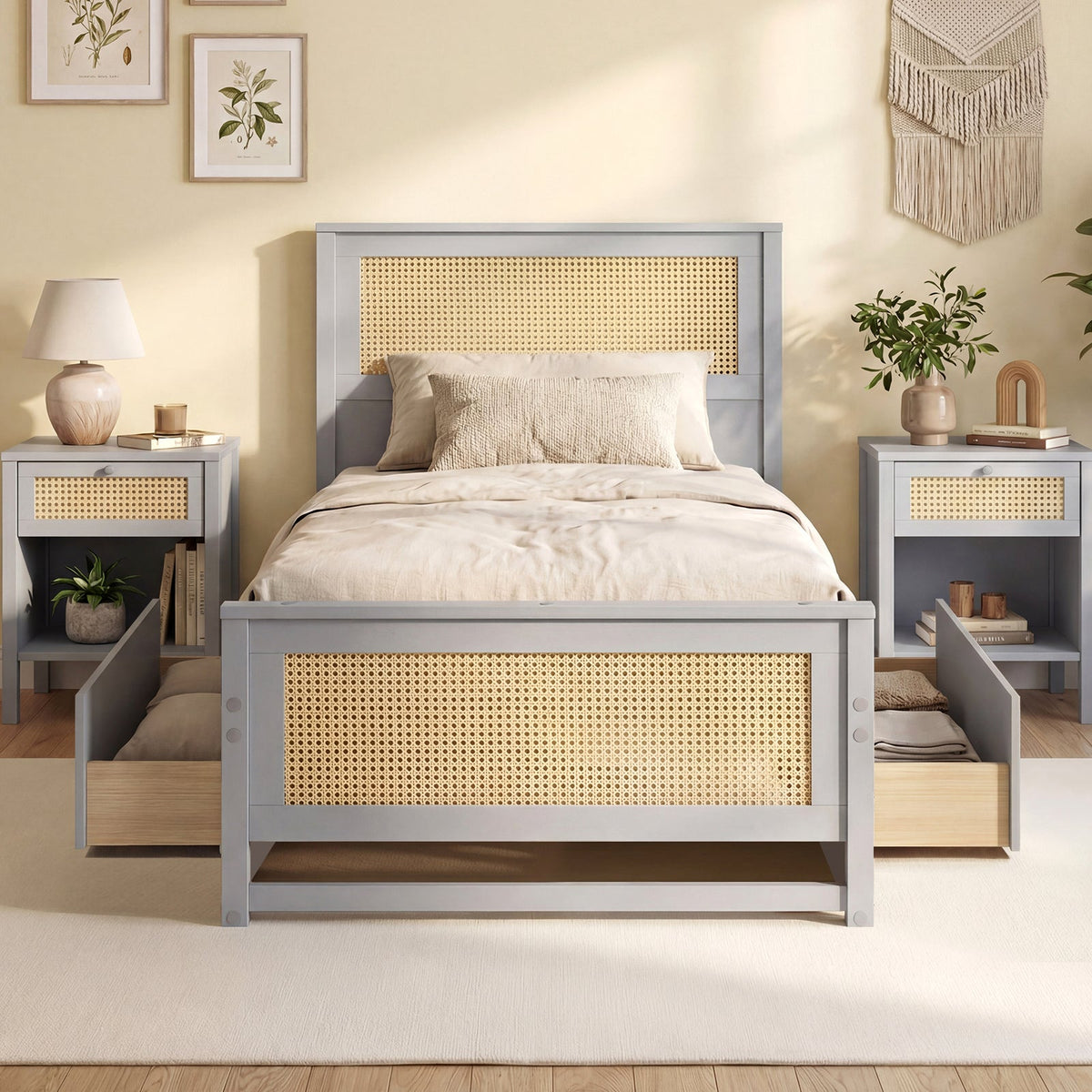 Twin Size Rattan Bed Frame with Storage Drawers-Trundle Bed Frame-DECOROLALA