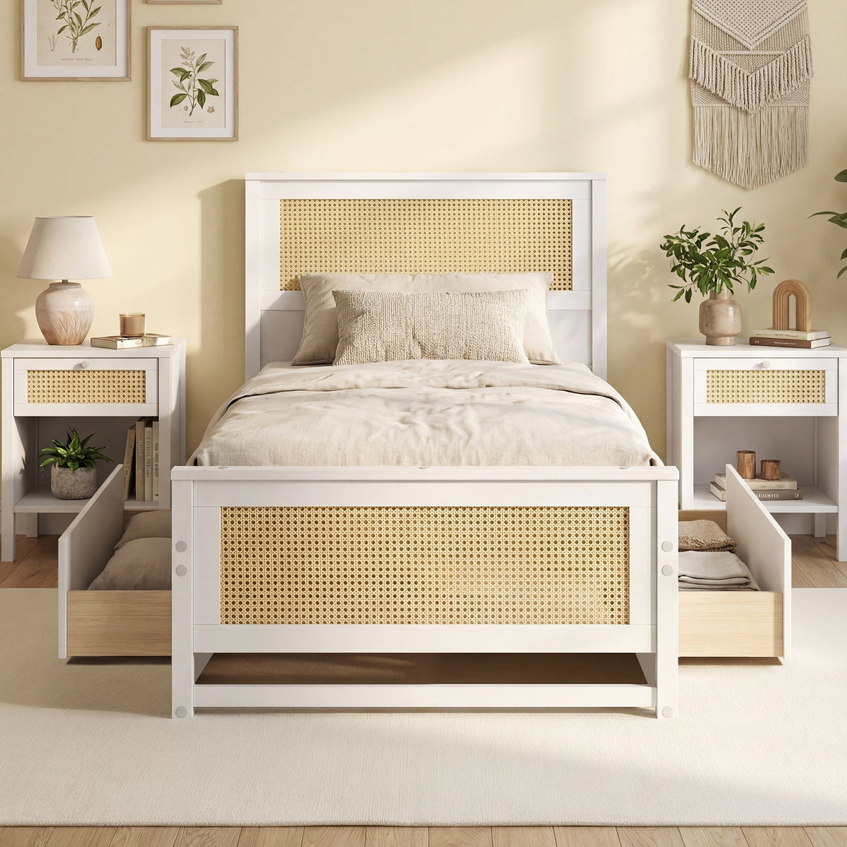 Twin Size Rattan Bed Frame with Storage Drawers-Trundle Bed Frame-DECOROLALA