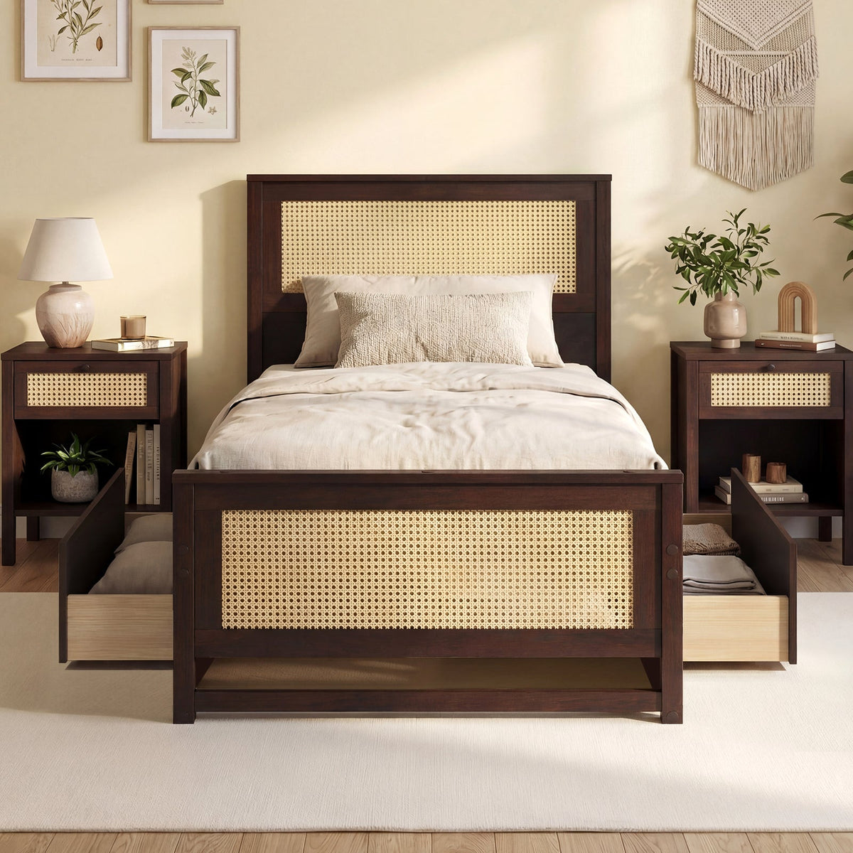 Twin Size Rattan Bed Frame with Storage Drawers-Trundle Bed Frame-DECOROLALA