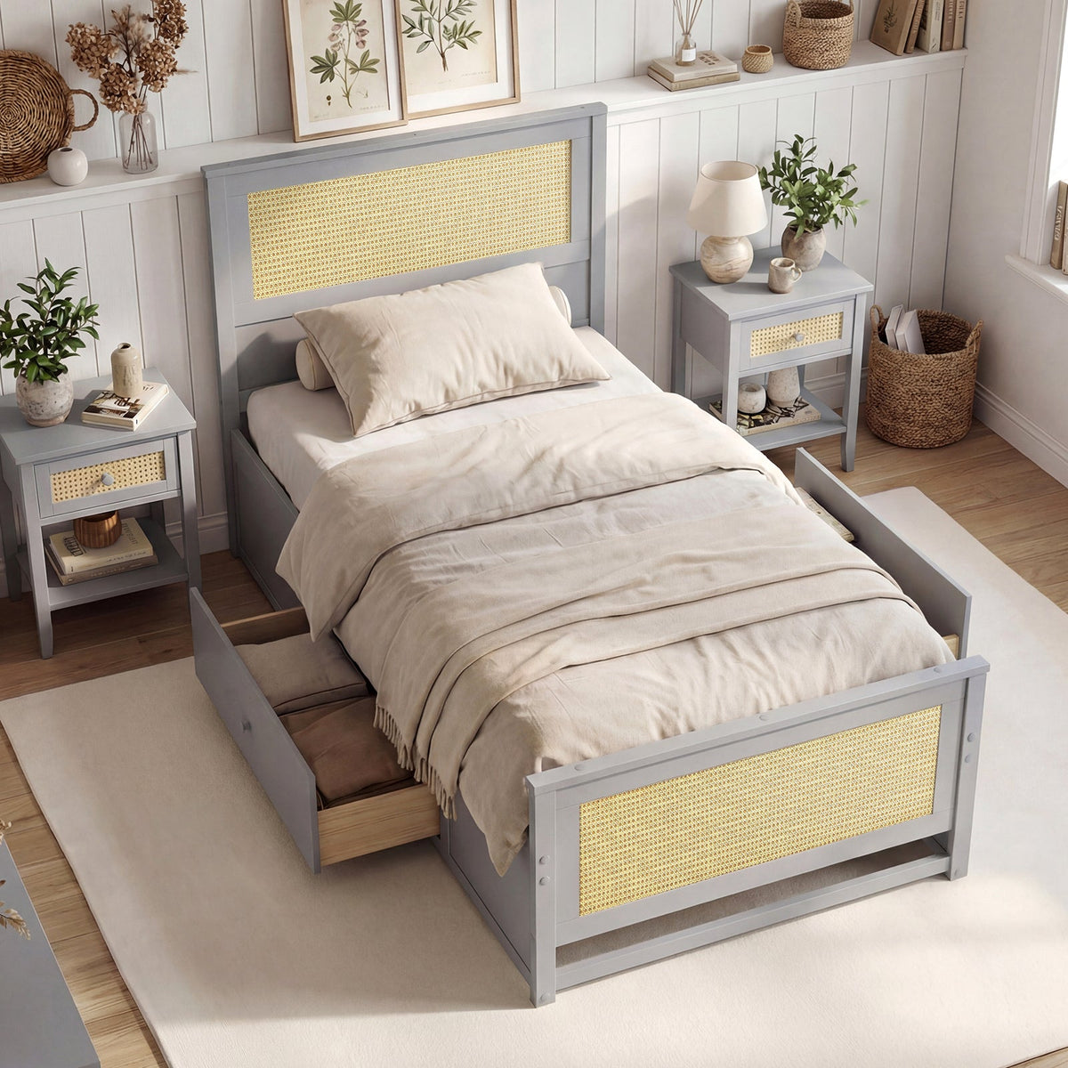 Twin Size Rattan Bed Frame with Storage Drawers-Trundle Bed Frame-DECOROLALA