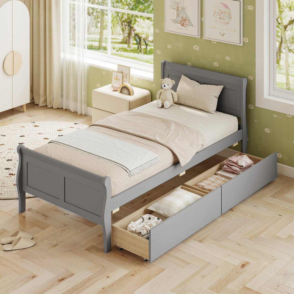 Twin Size Sleigh Bed with 2 Storage Drawers Wood Platform Bed Frame-Gray-Simple Bed Frame-DECOROLALA