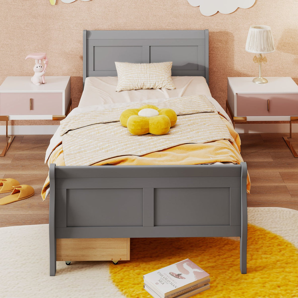 Twin Size Sleigh Bed with 2 Storage Drawers Wood Platform Bed Frame-Gray-Simple Bed Frame-DECOROLALA