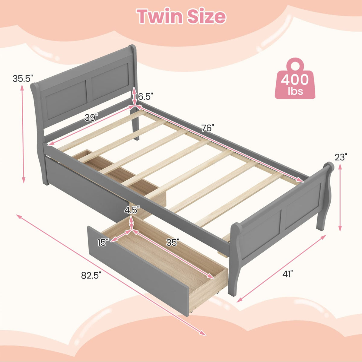 Twin Size Sleigh Bed with 2 Storage Drawers Wood Platform Bed Frame-Gray-Simple Bed Frame-DECOROLALA