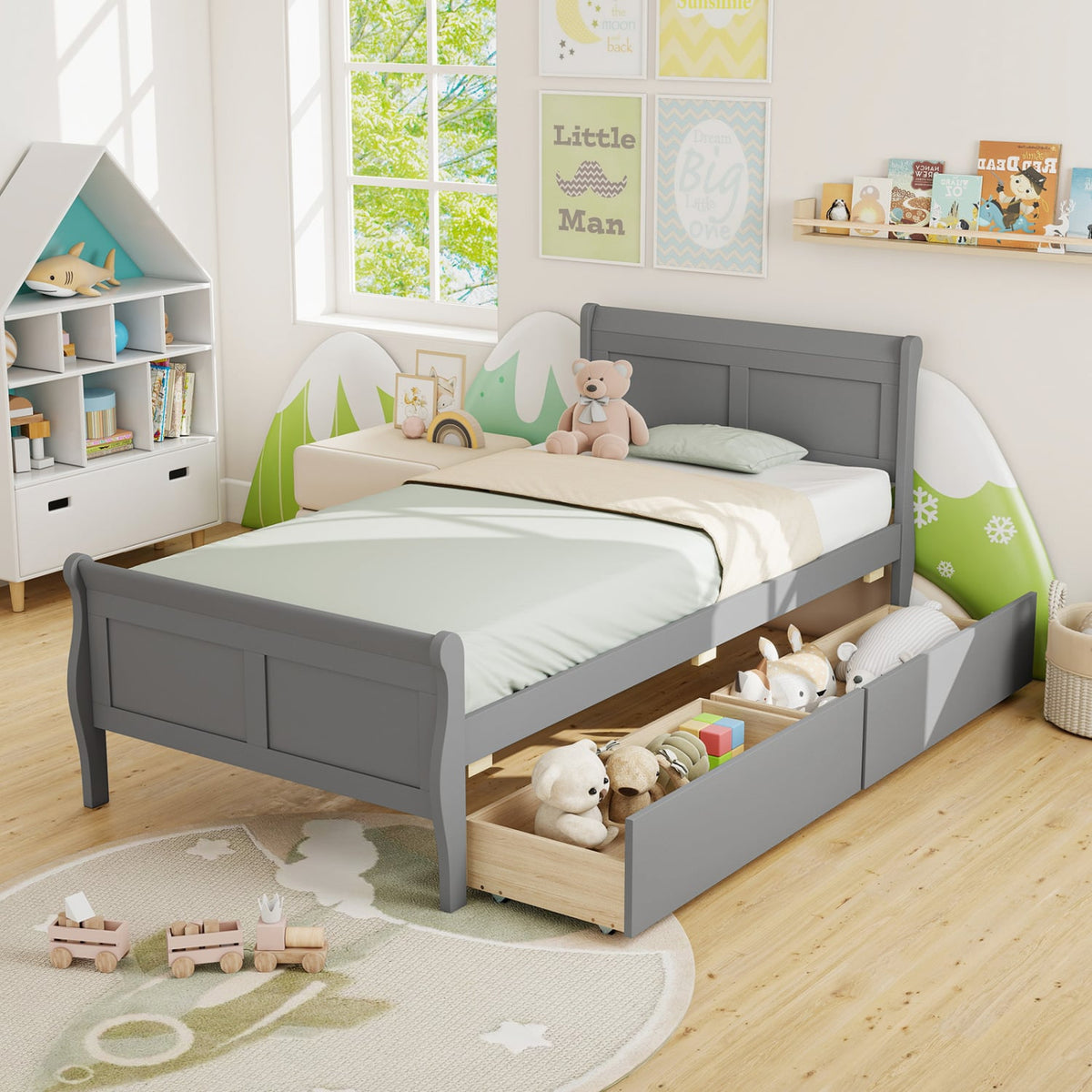 Twin Size Sleigh Bed with 2 Storage Drawers Wood Platform Bed Frame-Gray-Simple Bed Frame-DECOROLALA
