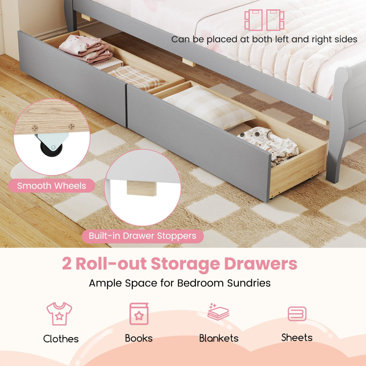 Twin Size Sleigh Bed with 2 Storage Drawers Wood Platform Bed Frame-Gray-Simple Bed Frame-DECOROLALA