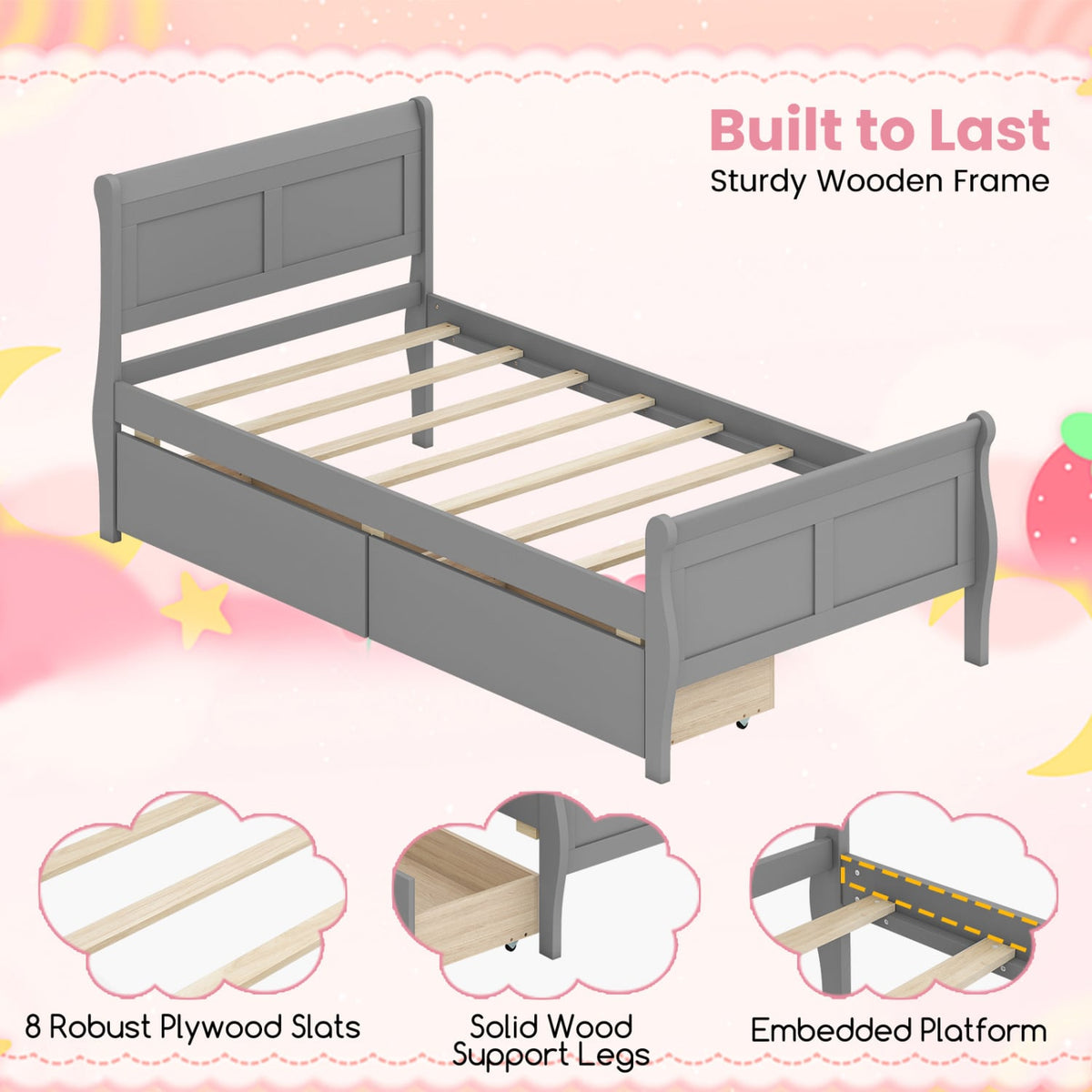 Twin Size Sleigh Bed with 2 Storage Drawers Wood Platform Bed Frame-Gray-Simple Bed Frame-DECOROLALA