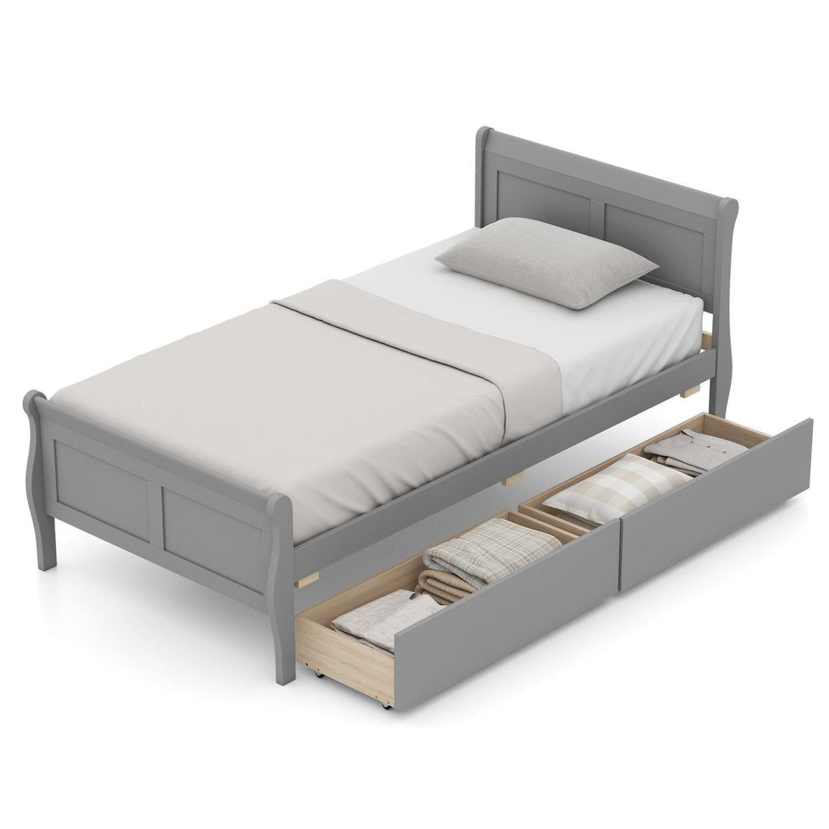Twin Size Sleigh Bed with 2 Storage Drawers Wood Platform Bed Frame-Gray-Simple Bed Frame-DECOROLALA