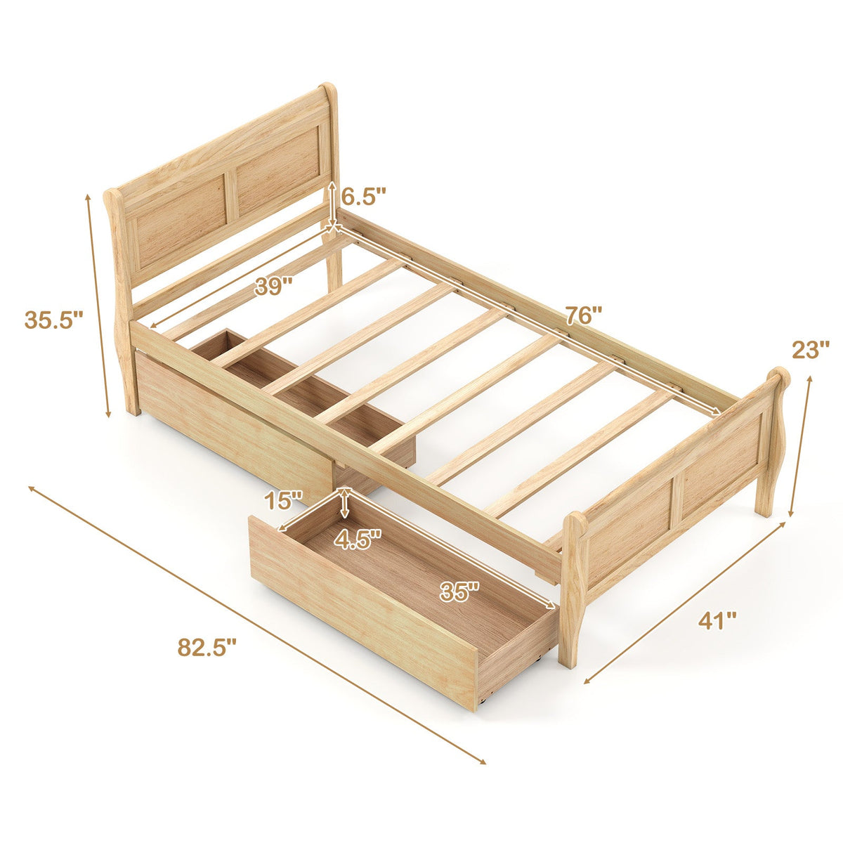 Twin Size Sleigh Bed with 2 Storage Drawers Wood Platform Bed Frame-Simple Bed Frame-DECOROLALA