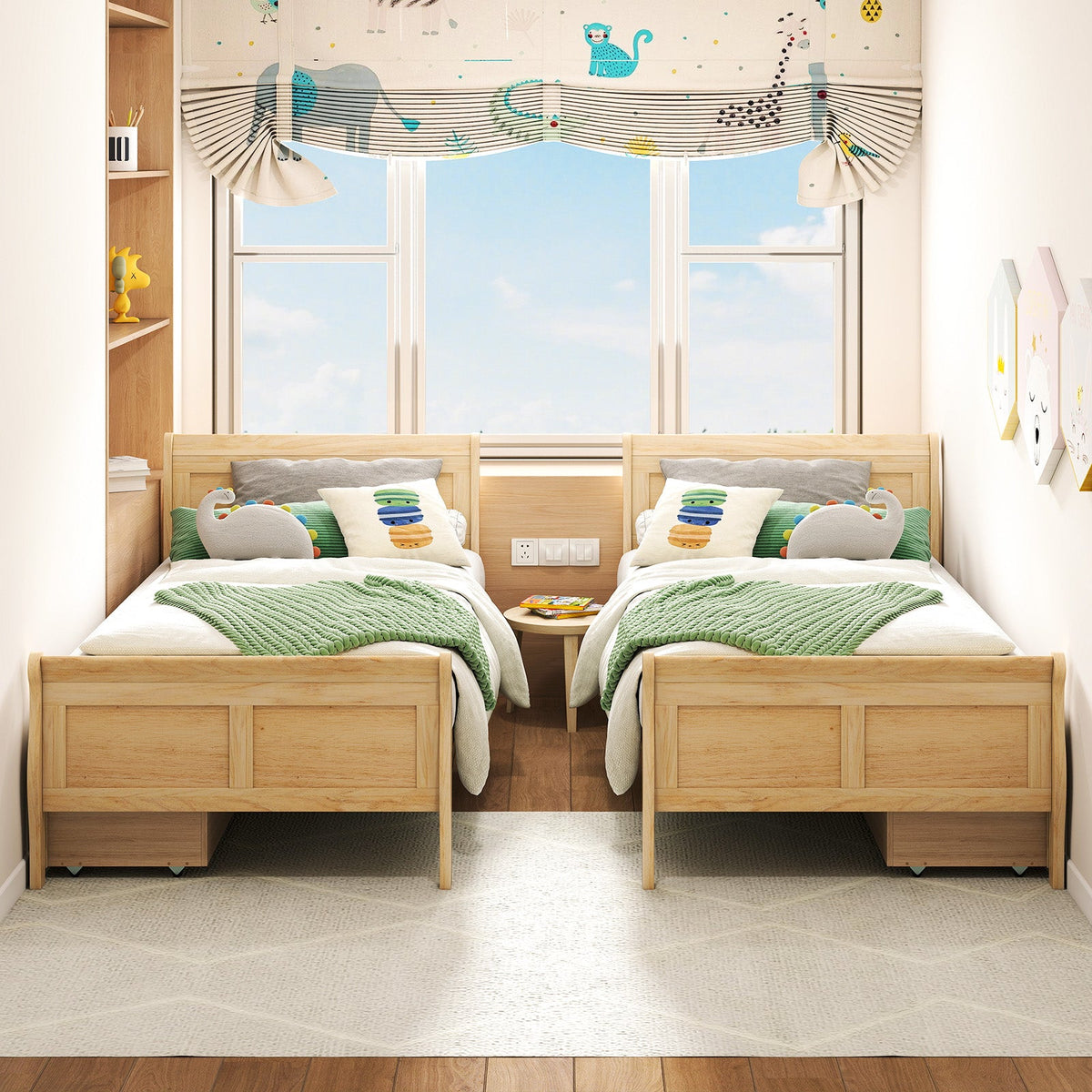 Twin Size Sleigh Bed with 2 Storage Drawers Wood Platform Bed Frame-Simple Bed Frame-DECOROLALA