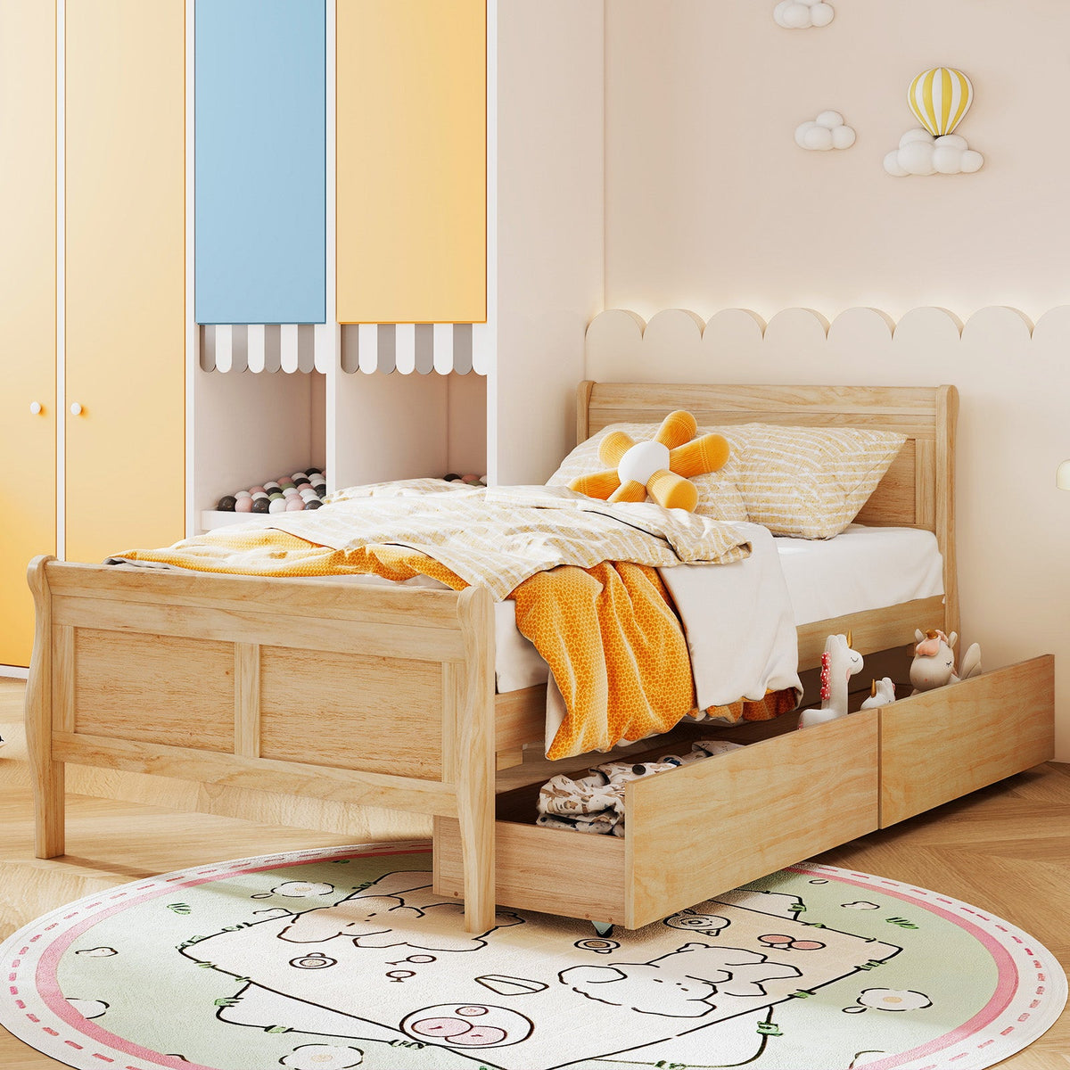 Twin Size Sleigh Bed with 2 Storage Drawers Wood Platform Bed Frame-Simple Bed Frame-DECOROLALA