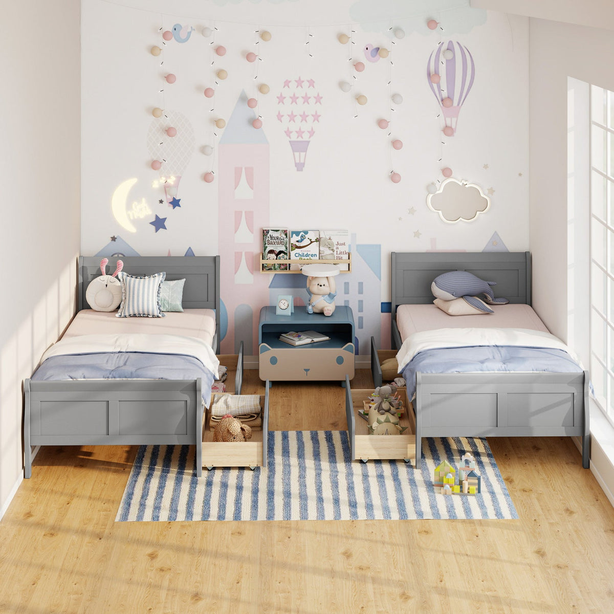 Twin Size Sleigh Bed with 2 Storage Drawers Wood Platform Bed Frame-Simple Bed Frame-DECOROLALA