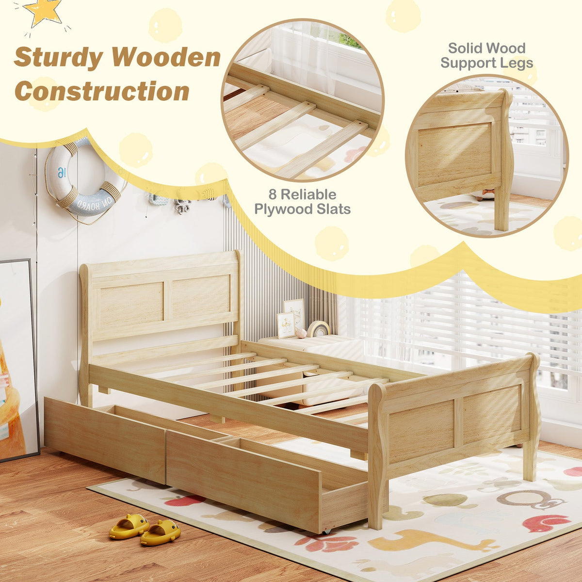 Twin Size Sleigh Bed with 2 Storage Drawers Wood Platform Bed Frame-Simple Bed Frame-DECOROLALA