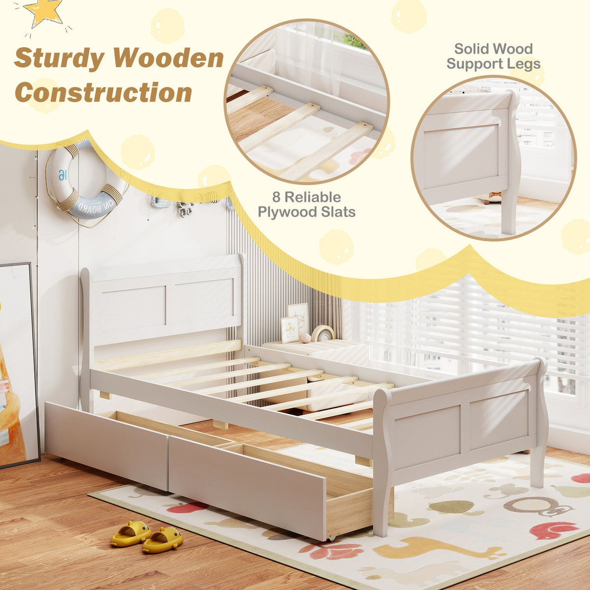 Twin Size Sleigh Bed with 2 Storage Drawers Wood Platform Bed Frame-Simple Bed Frame-DECOROLALA