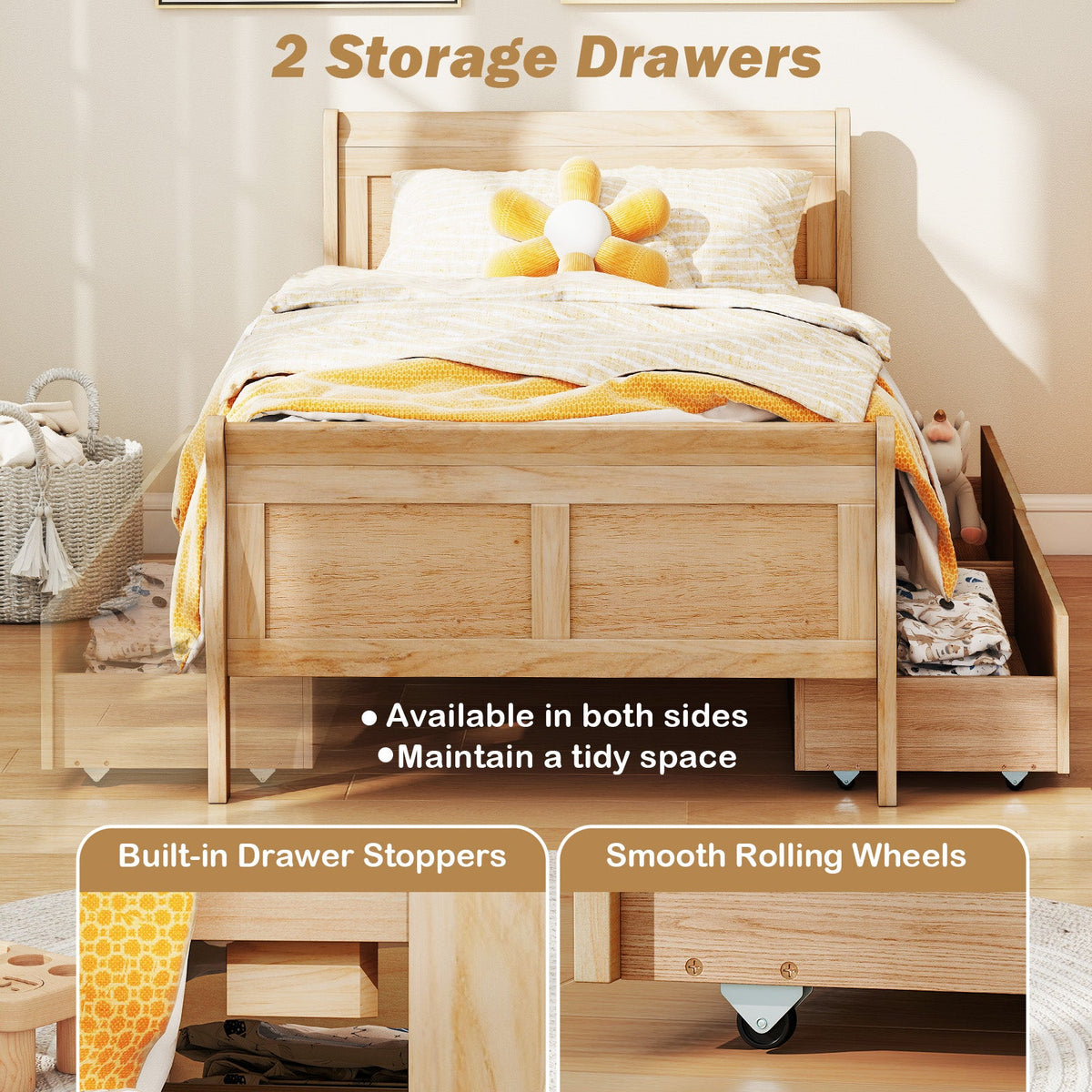 Twin Size Sleigh Bed with 2 Storage Drawers Wood Platform Bed Frame-Simple Bed Frame-DECOROLALA