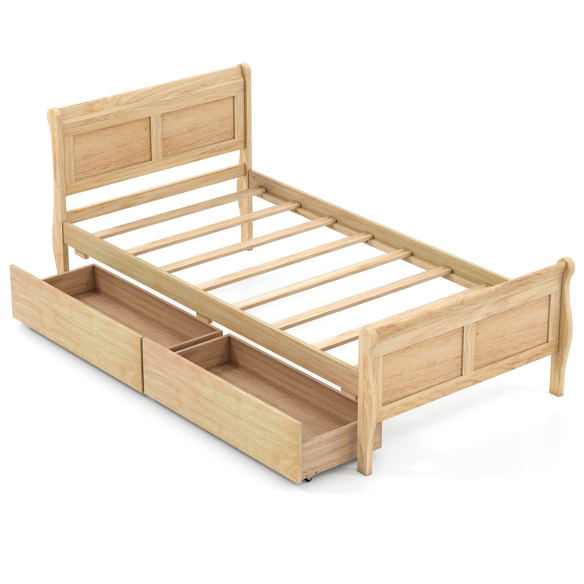 Twin Size Sleigh Bed with 2 Storage Drawers Wood Platform Bed Frame-Simple Bed Frame-DECOROLALA