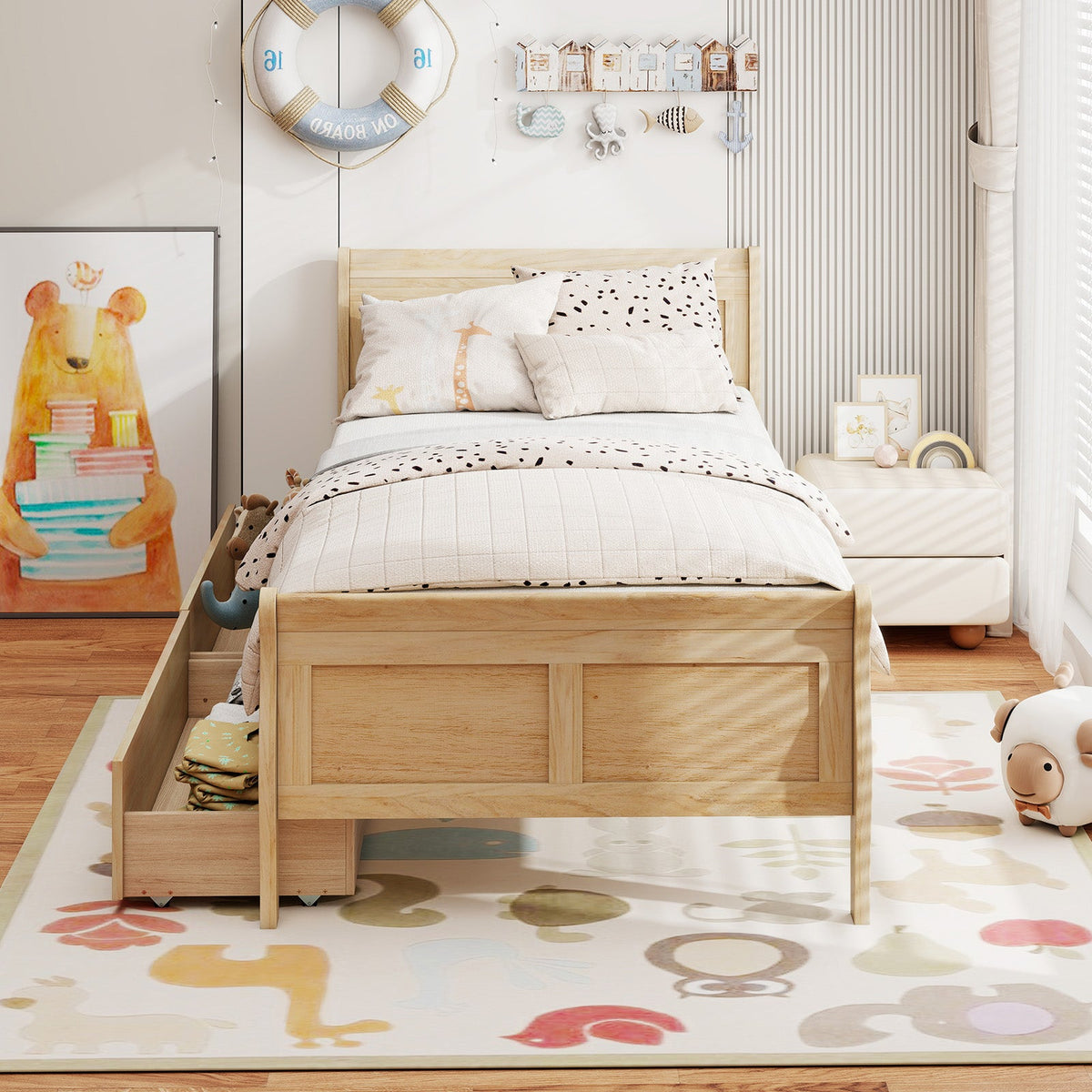 Twin Size Sleigh Bed with 2 Storage Drawers Wood Platform Bed Frame-Simple Bed Frame-DECOROLALA