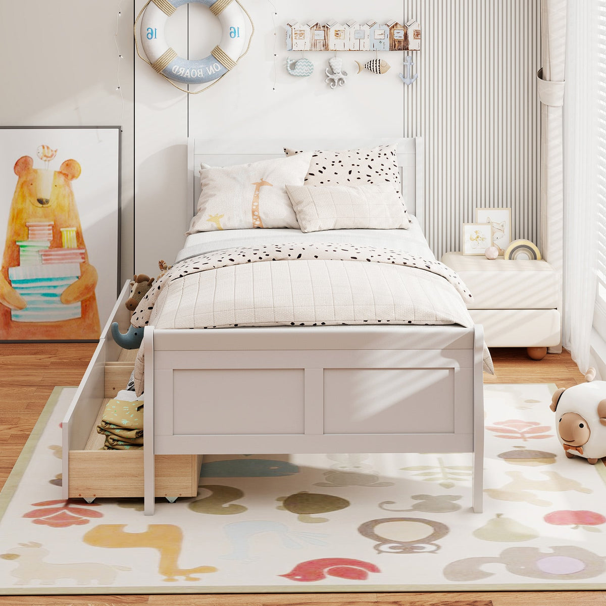 Twin Size Sleigh Bed with 2 Storage Drawers Wood Platform Bed Frame-White-Simple Bed Frame-DECOROLALA