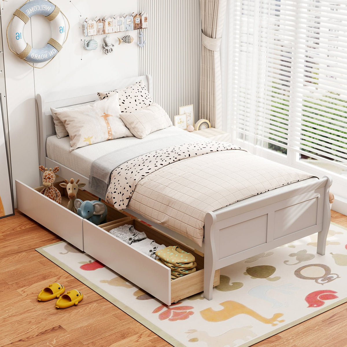 Twin Size Sleigh Bed with 2 Storage Drawers Wood Platform Bed Frame-White-Simple Bed Frame-DECOROLALA