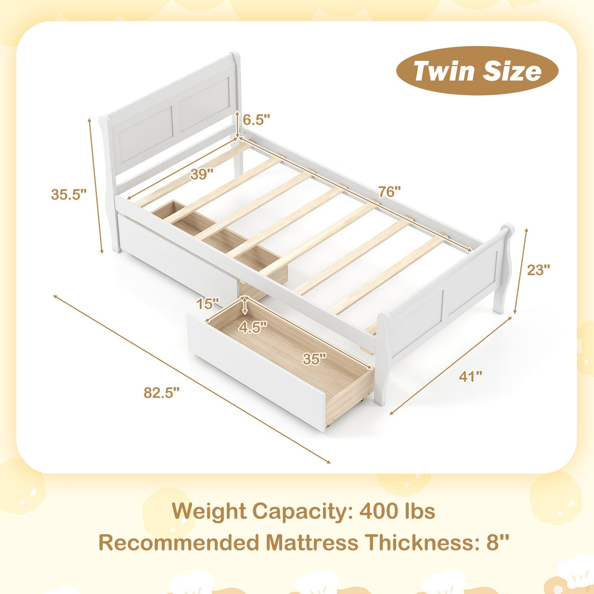 Twin Size Sleigh Bed with 2 Storage Drawers Wood Platform Bed Frame-White-Simple Bed Frame-DECOROLALA