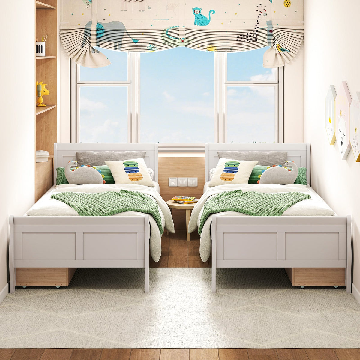 Twin Size Sleigh Bed with 2 Storage Drawers Wood Platform Bed Frame-White-Simple Bed Frame-DECOROLALA