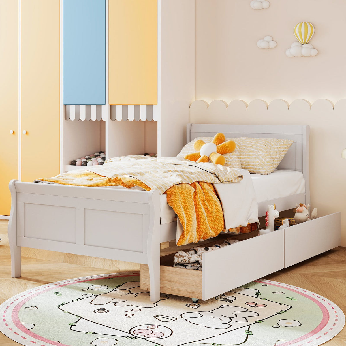 Twin Size Sleigh Bed with 2 Storage Drawers Wood Platform Bed Frame-White-Simple Bed Frame-DECOROLALA