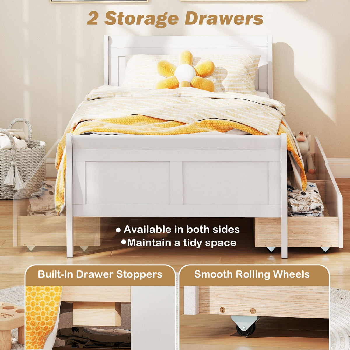 Twin Size Sleigh Bed with 2 Storage Drawers Wood Platform Bed Frame-White-Simple Bed Frame-DECOROLALA