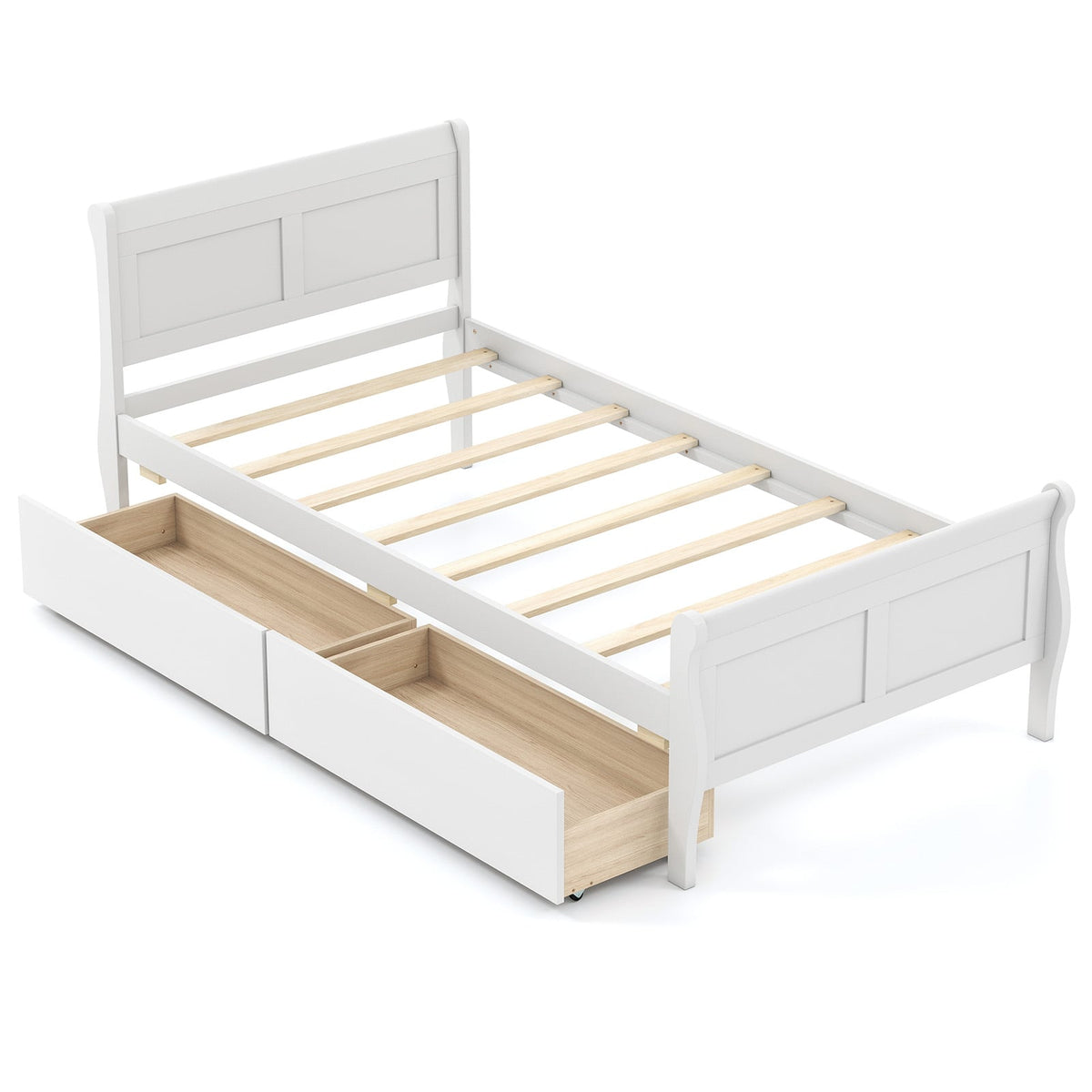 Twin Size Sleigh Bed with 2 Storage Drawers Wood Platform Bed Frame-White-Simple Bed Frame-DECOROLALA