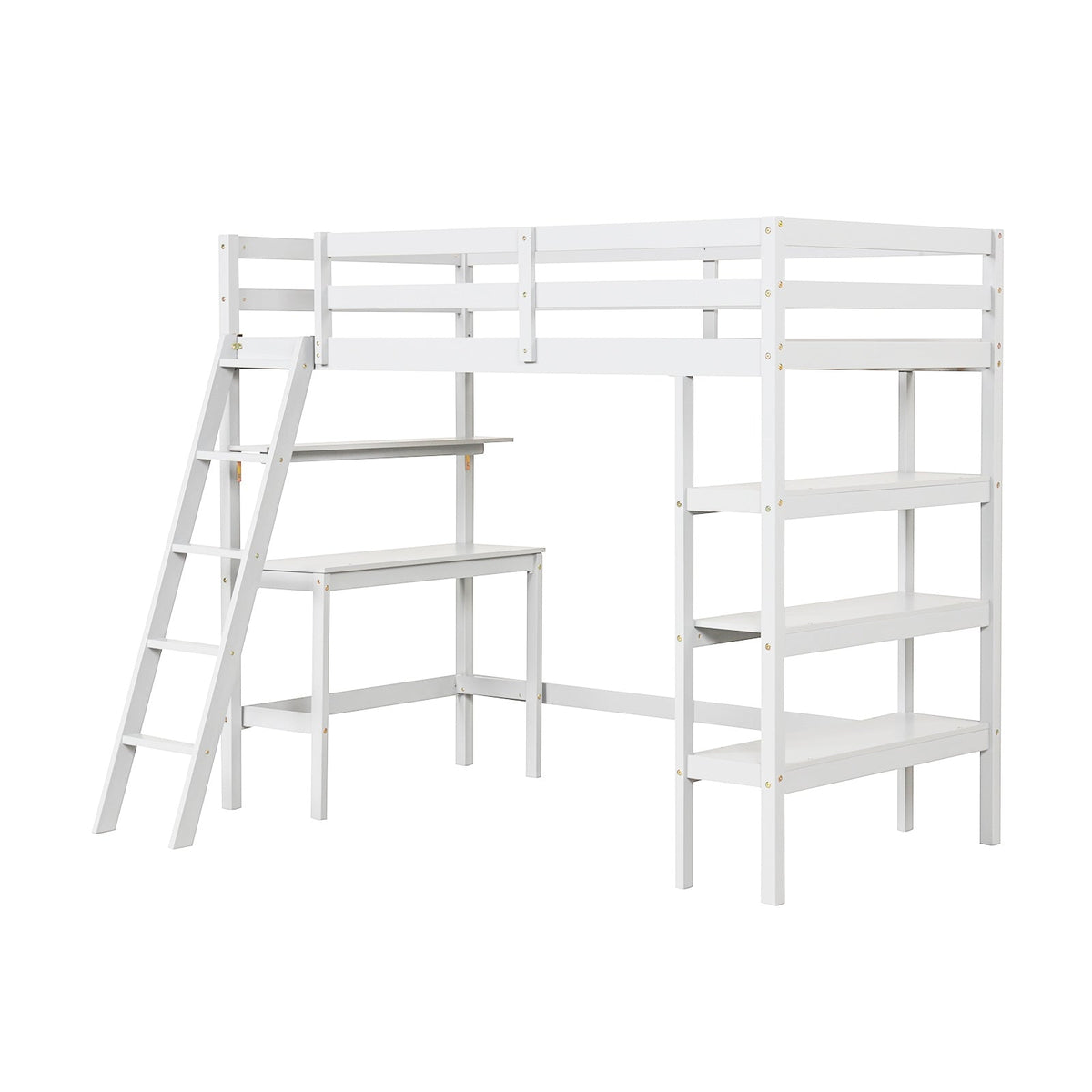 Twin Size Solid Wood Loft Bed with Desk and Bookshelves-Bunk Bed Frame-DECOROLALA