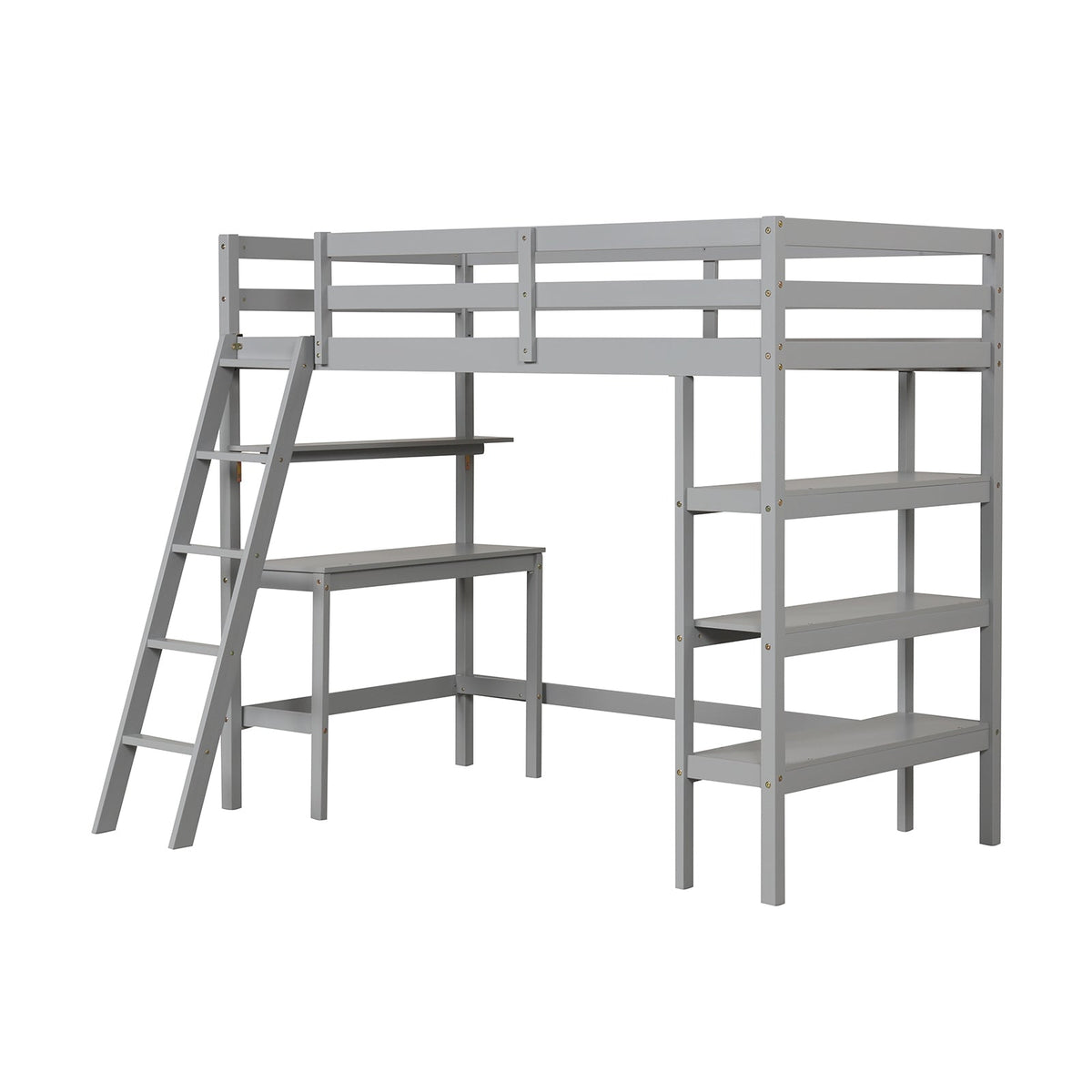 Twin Size Solid Wood Loft Bed with Desk and Bookshelves-Bunk Bed Frame-DECOROLALA