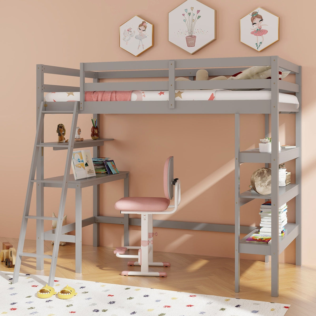 Twin Size Solid Wood Loft Bed with Desk and Bookshelves-Bunk Bed Frame-DECOROLALA