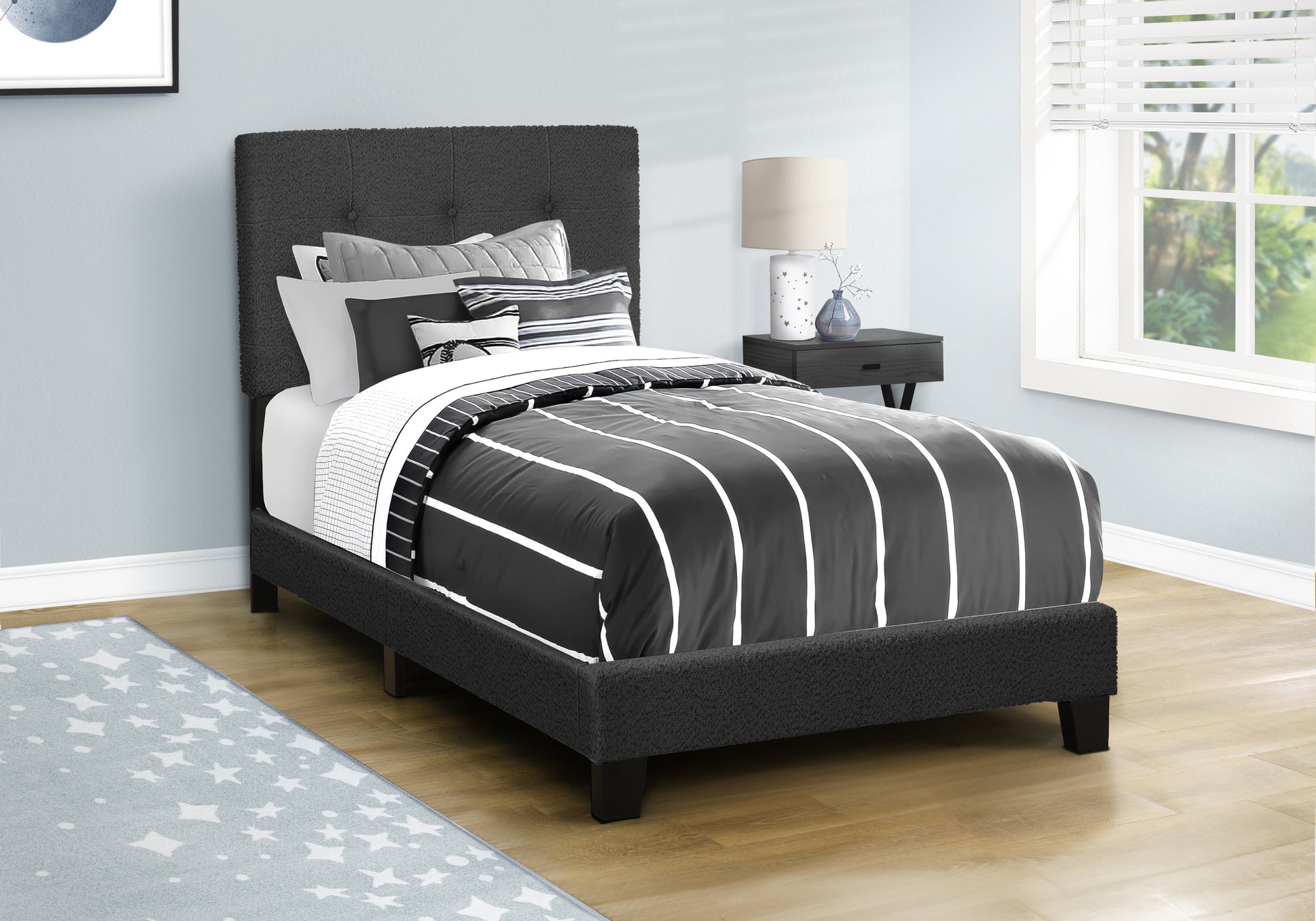 Twin Size Upholstered Bed, Dark Grey Boucle-Bed-DECOROLALA