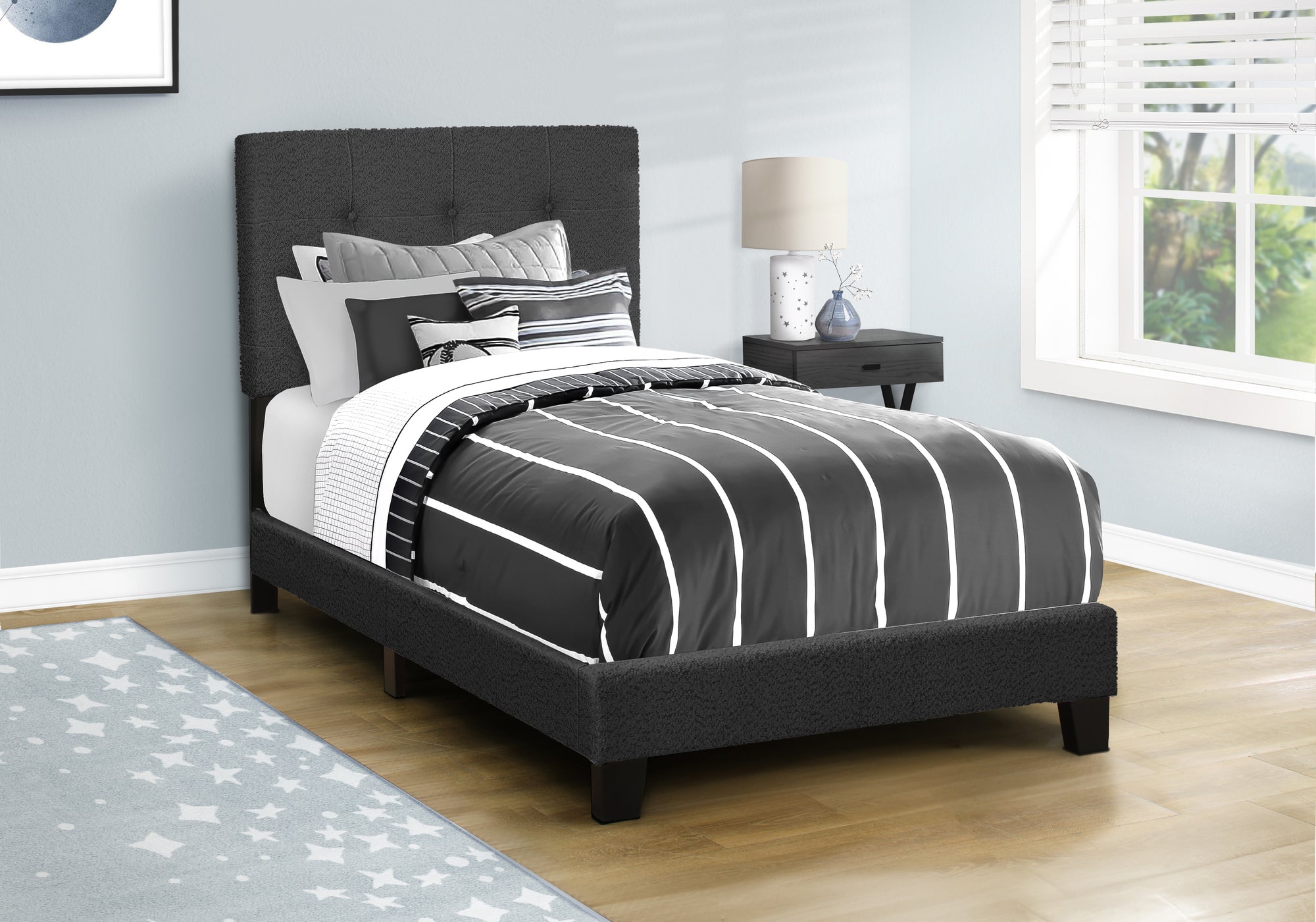 Twin Size Upholstered Bed, Dark Grey Boucle-Bed-DECOROLALA