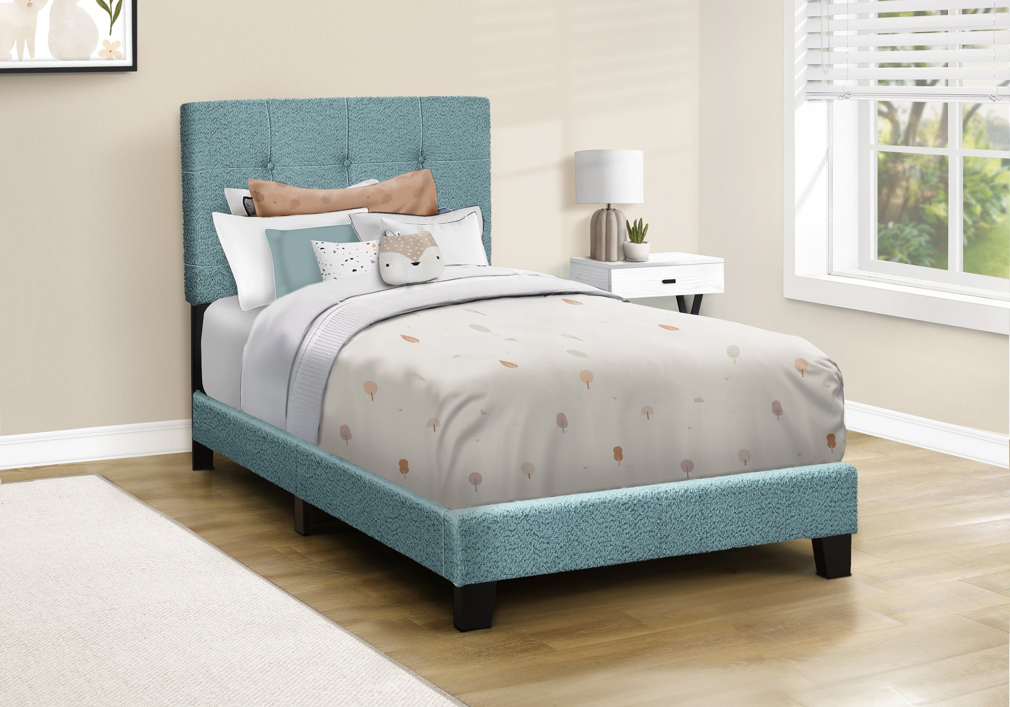 Twin Size Upholstered Bed, Dark Grey Boucle-Bed-DECOROLALA