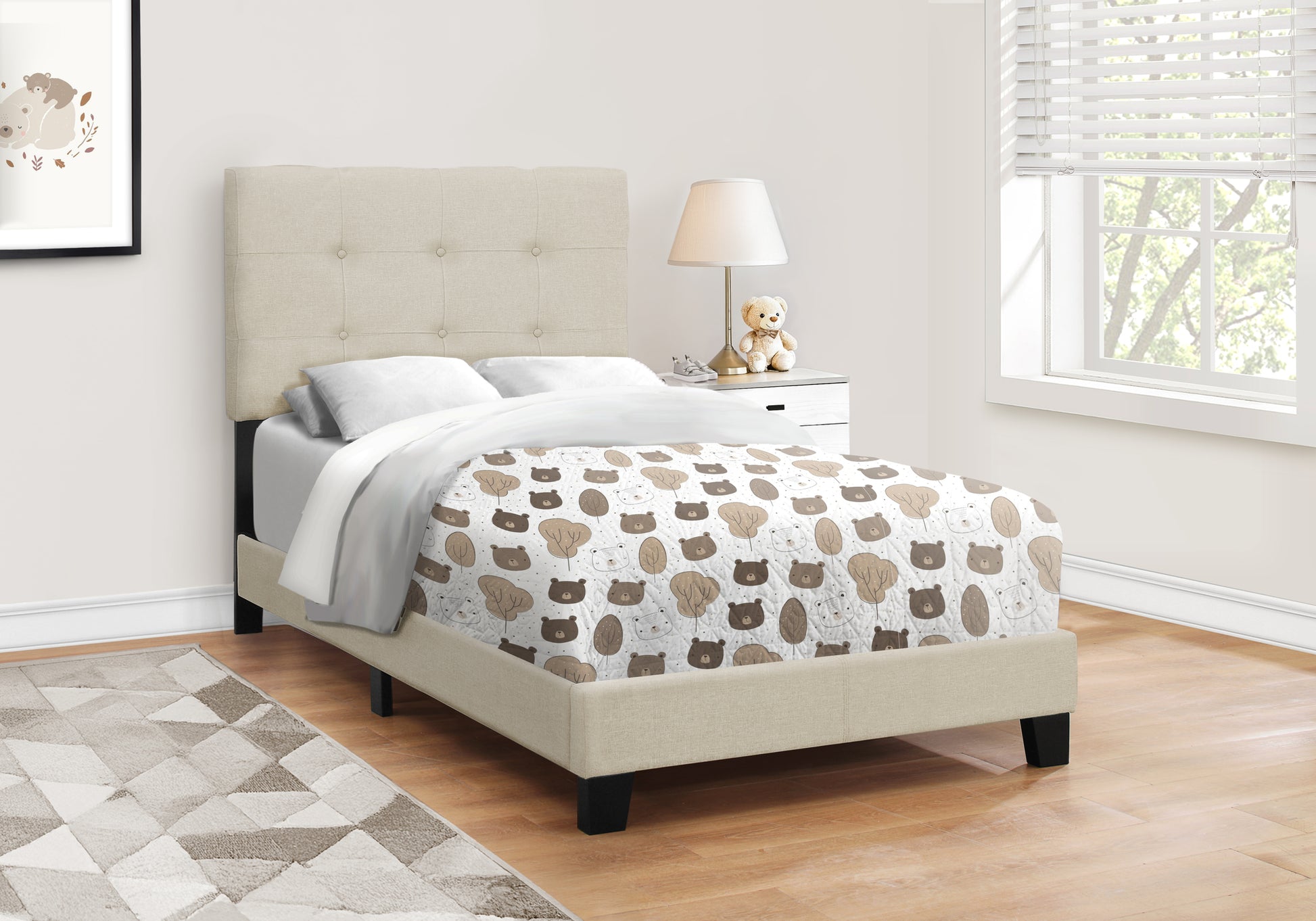 Twin Size Upholstered Bed, Dark Grey Boucle-Bed-DECOROLALA