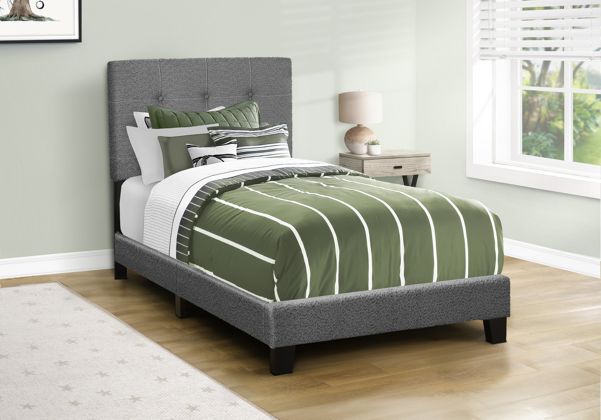 Twin Size Upholstered Bed, Dark Grey Boucle-Bed-DECOROLALA