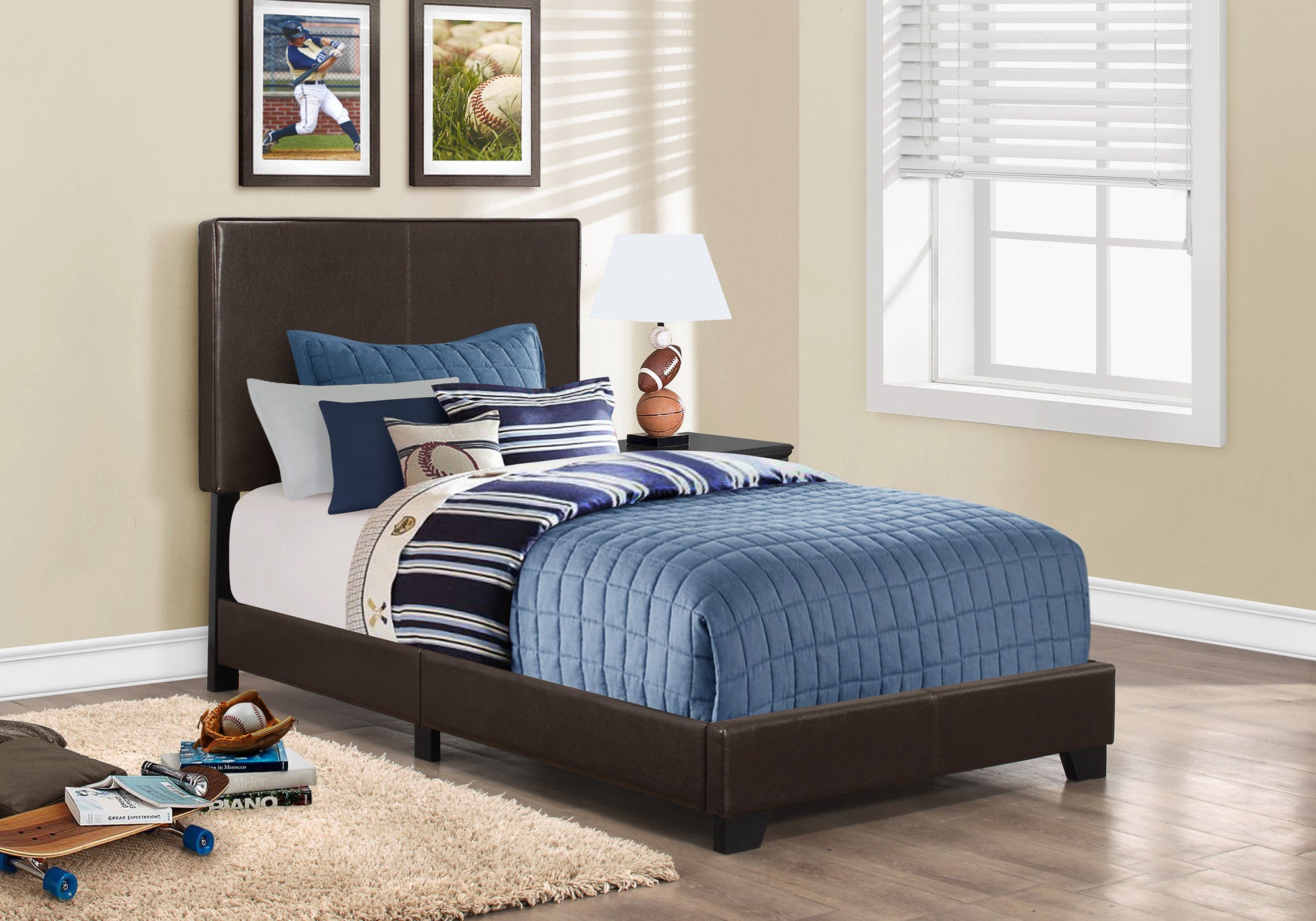Twin Size Upholstered Bed Frame Dark Brown Leather-Look-Bed-DECOROLALA